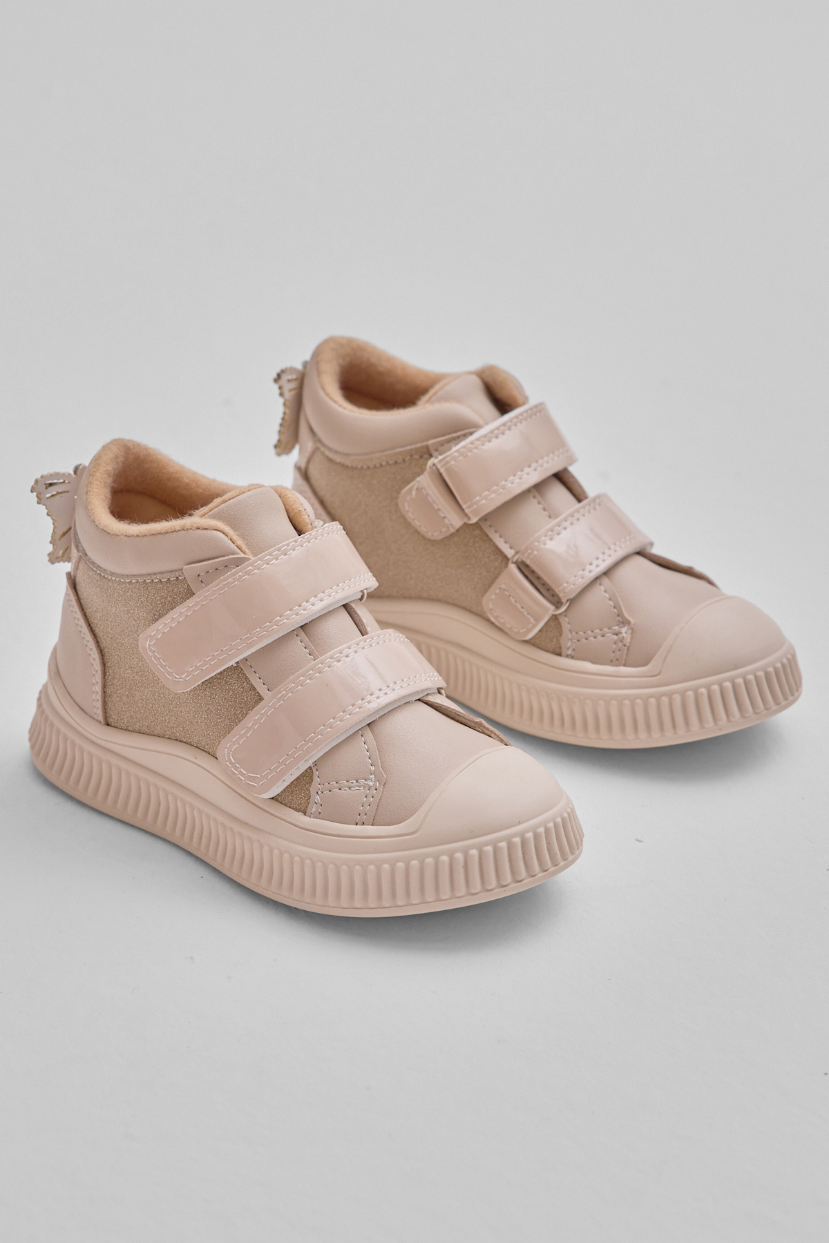 Çocuk Unisex Bej Esnek Termo Taban Çift Cırtlı Şerit Desenli Spor Kısa Bot