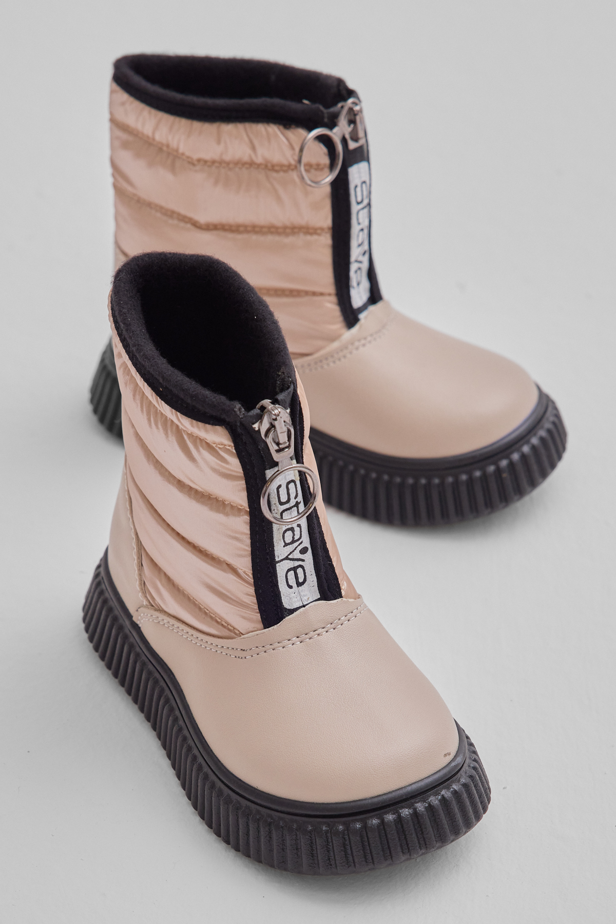 Çocuk Unisex Bej Esnek Termo Taban Sıcak Astarlı Önü Yazılı Fermuarlı Kar Botu