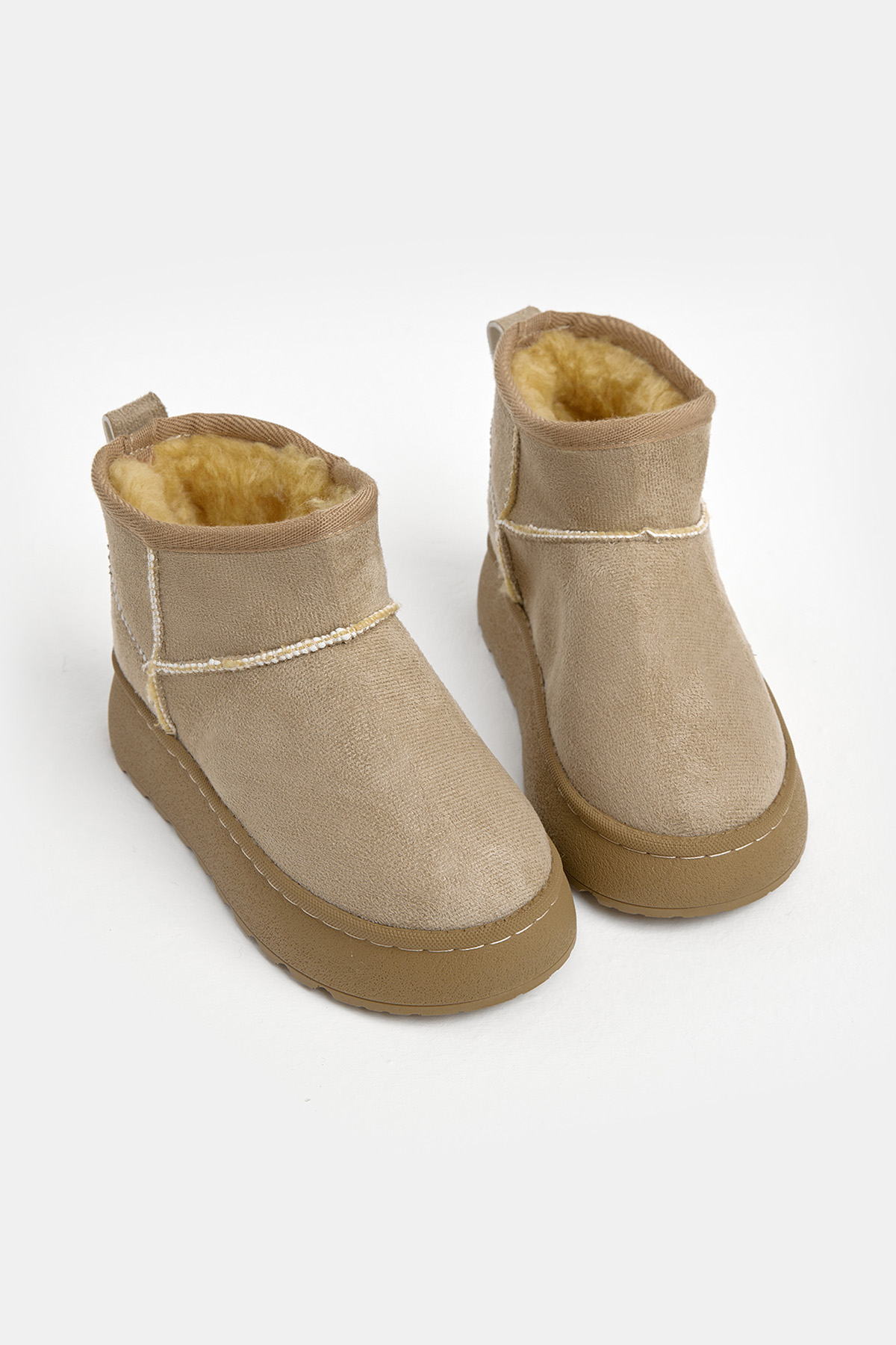 Çocuk Unisex Bej Kalın Poli Taban İçi Kürklü Süet Görünümlü Günlük Bot