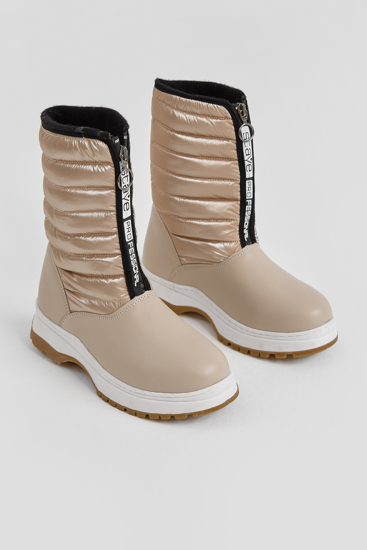 Çocuk Unisex Bej Kalın Termo Taban Önü Yazılı Sıcak Astarlı Fermuarlı Şişme Kar Botu