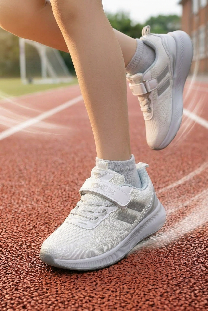 Çocuk Unisex Beyaz Gümüş Rahat Kalıp Nefes Alabilen Cırtlı Bağcıklı Sneaker