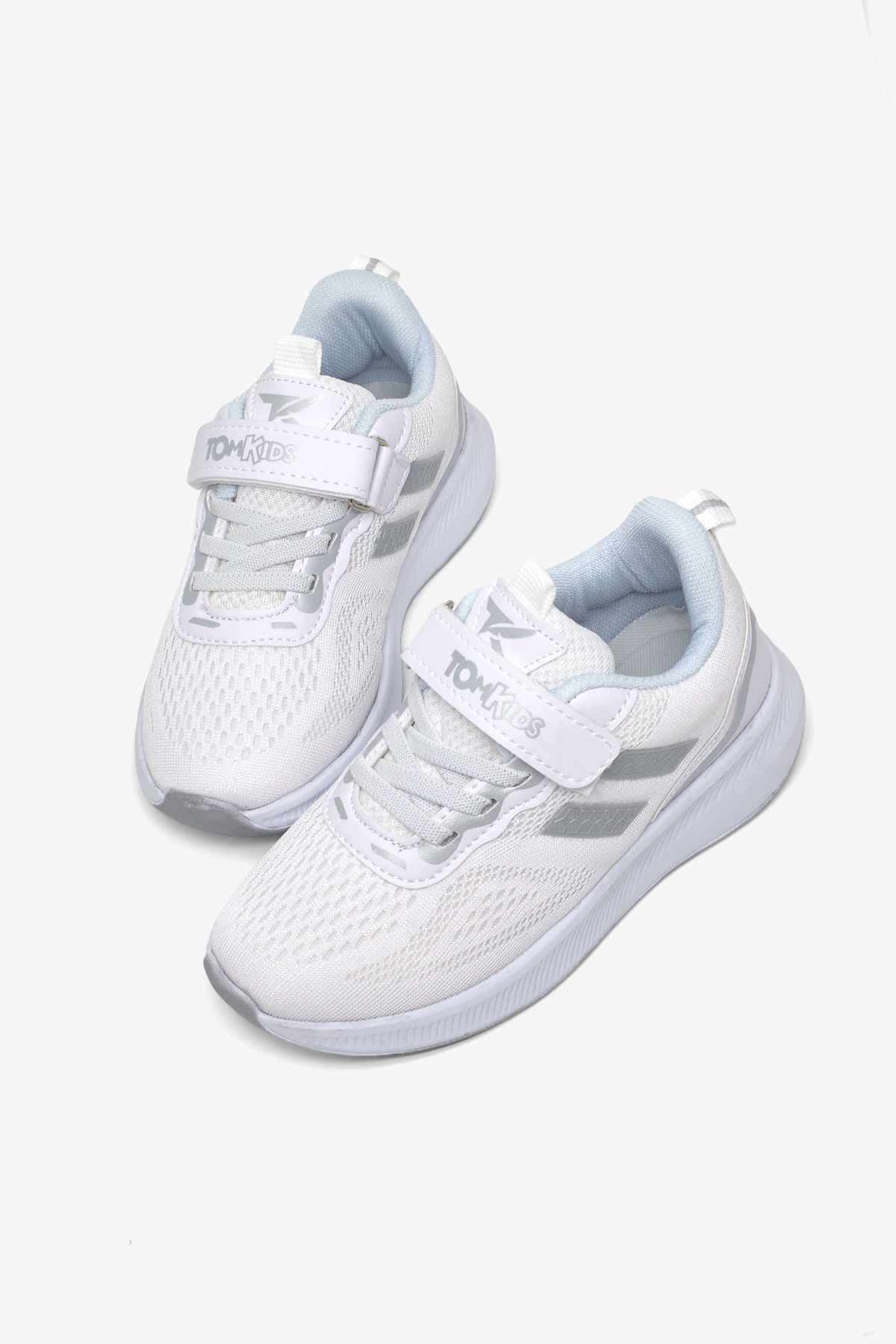 Çocuk Unisex Beyaz Gümüş Rahat Kalıp Nefes Alabilen Cırtlı Bağcıklı Sneaker