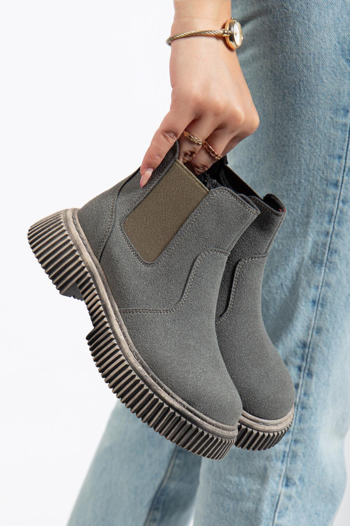 Çocuk Unisex Füme Süet Kalın Tırtıklı Termo Taban Fermuarlı Lastikli Chelsea Bot