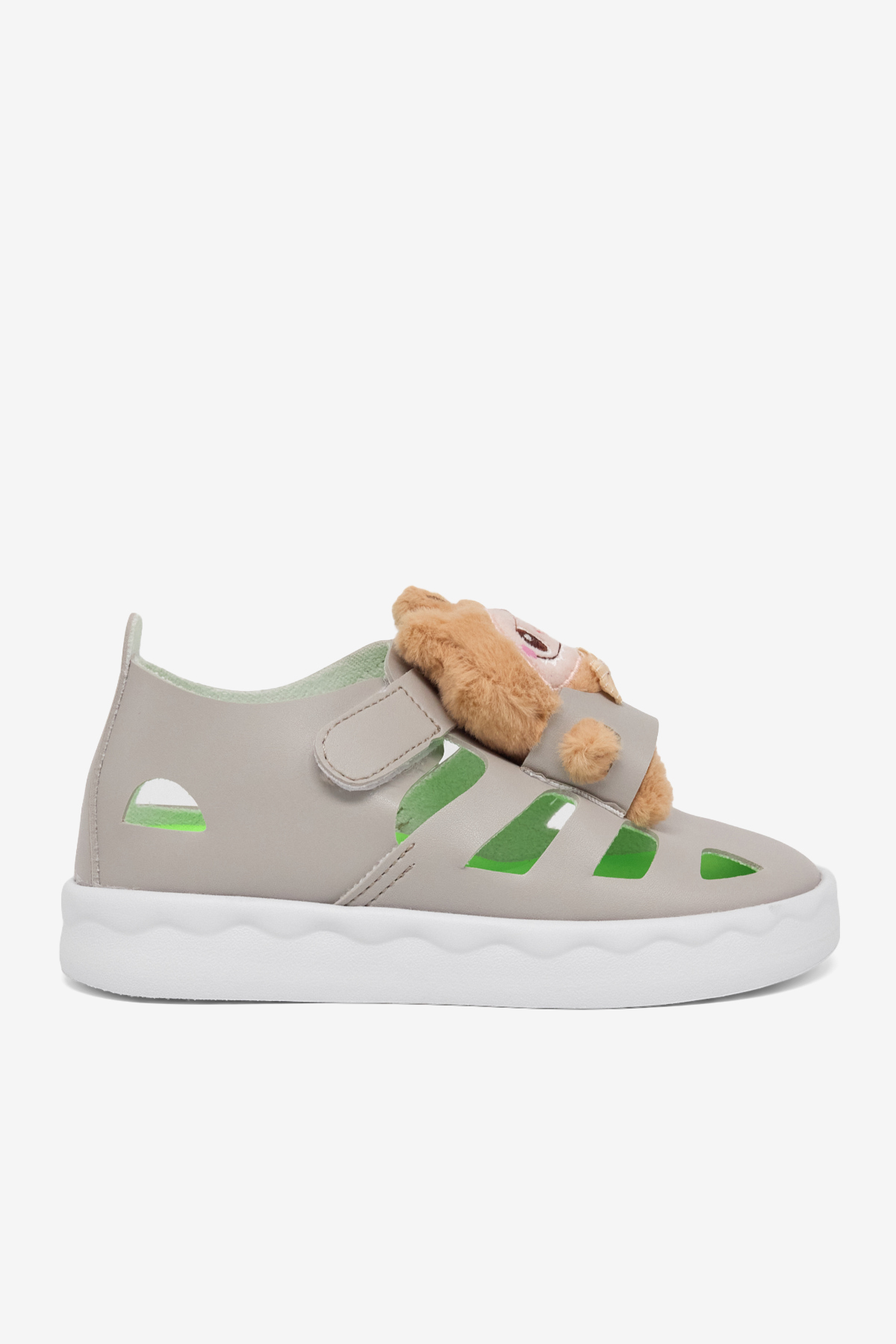 Çocuk Unisex Gri Hafif Taban Ayıcık Detaylı Cırtlı Sandalet