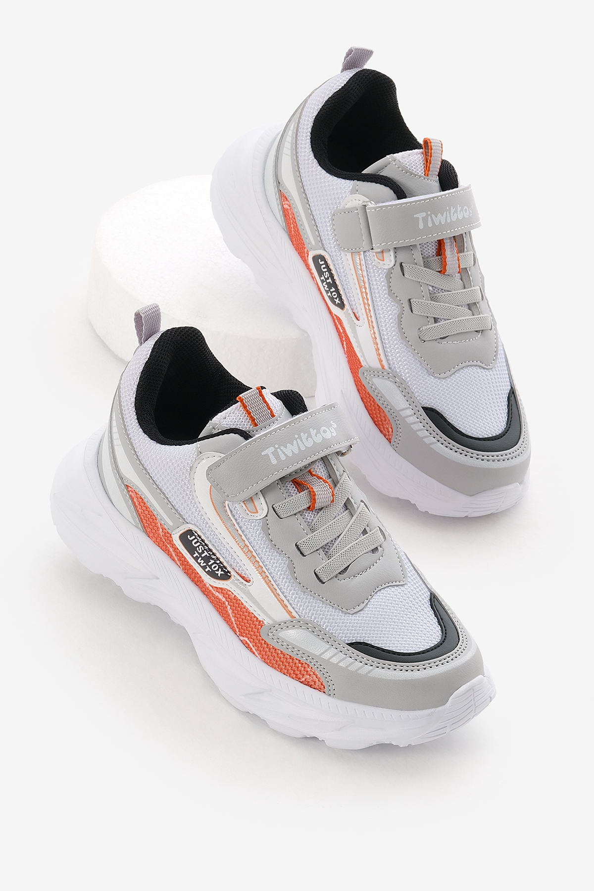 Çocuk Unisex Gri Oranj EVA Faylon Taban Desenli Cırtlı Lastik Bağcıklı Spor Ayakkabı