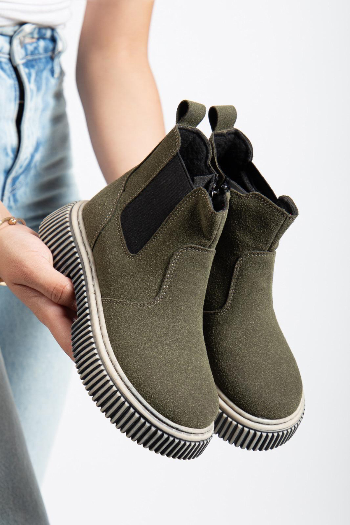 Çocuk Unisex Haki Süet Kalın Tırtıklı Termo Taban Fermuarlı Lastikli Chelsea Bot