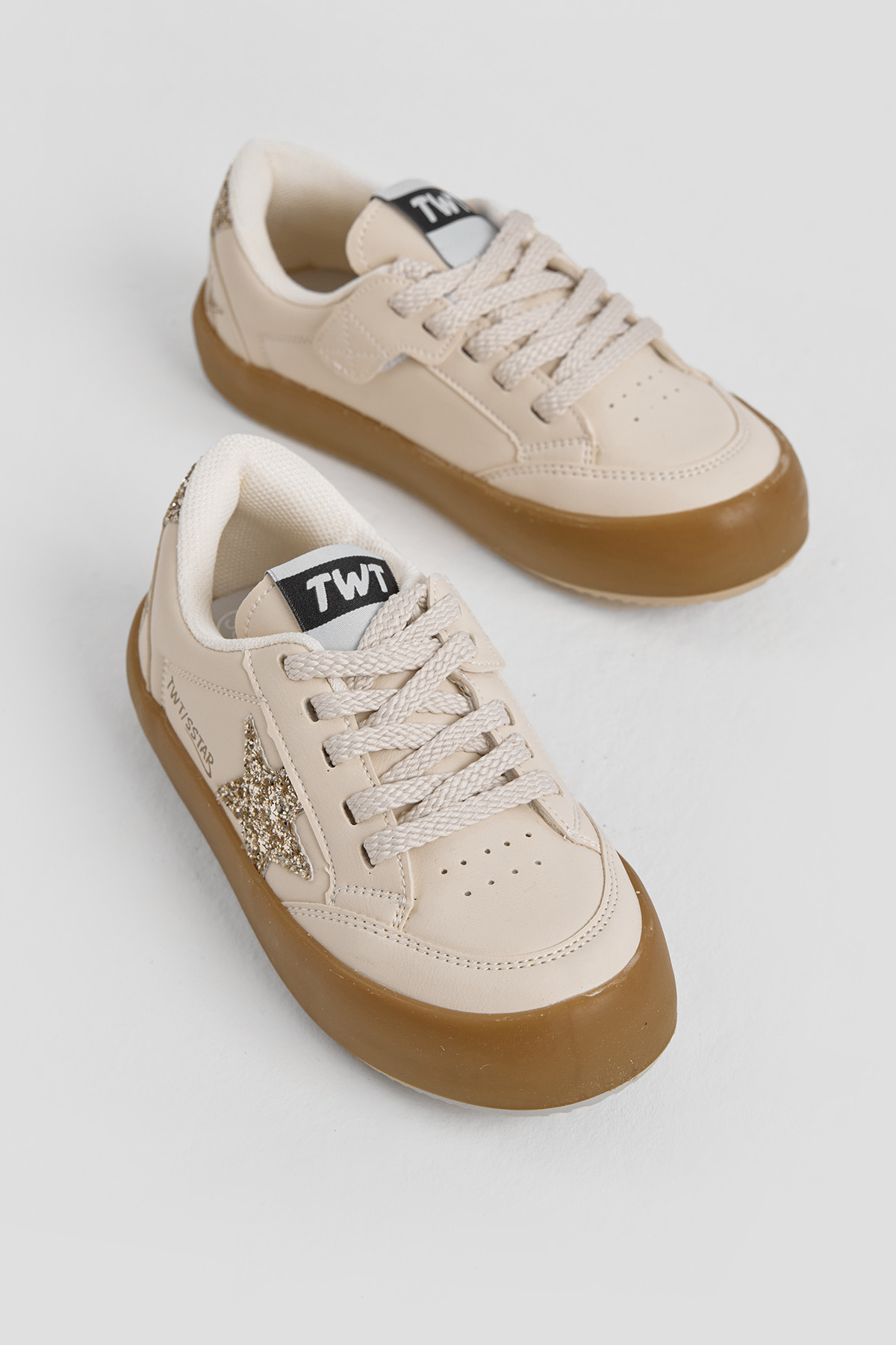 Çocuk Unisex Krem Gold Termo Taban Yıldız Detaylı Bağcıklı ve Cırtlı Spor Ayakkabı