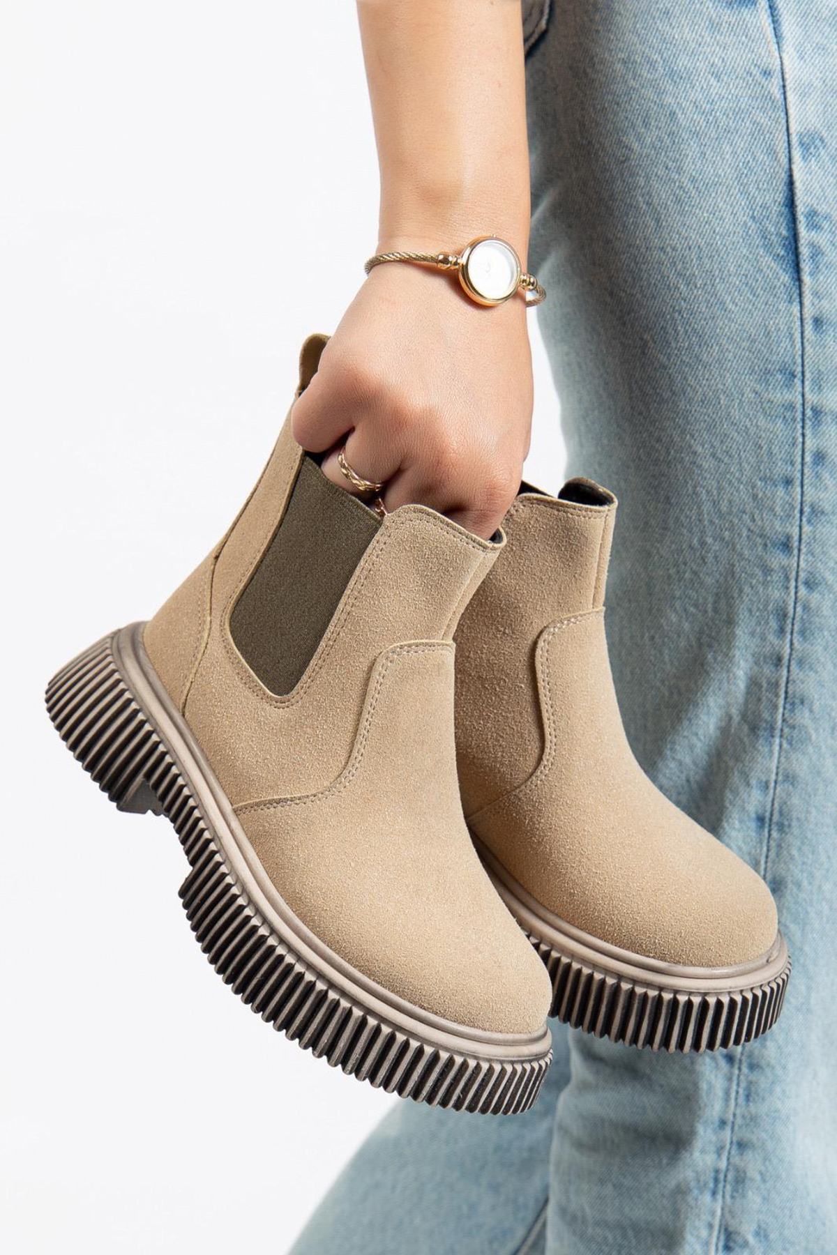 Çocuk Unisex Krem Süet Kalın Tırtıklı Termo Taban Fermuarlı Lastikli Chelsea Bot