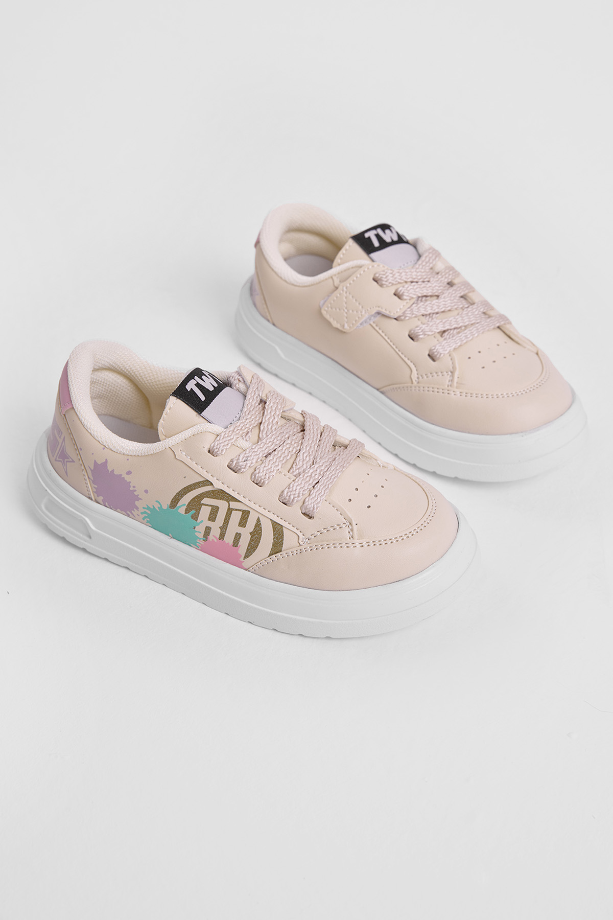 Çocuk Unisex Krem Turkuaz EVA Faylon Taban Desenli Bağcıklı ve Cırtlı Spor Ayakkabı