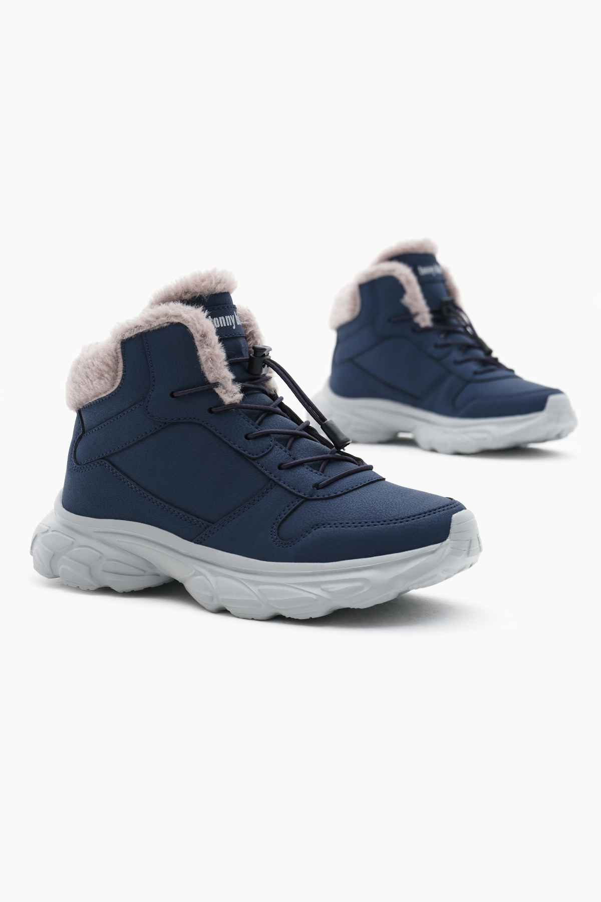 Çocuk Unisex Lacivert Faylon Taban İçi Kürklü Lastik Bağcıklı Bot