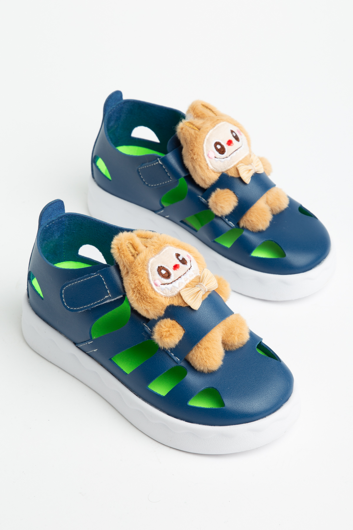 Çocuk Unisex Lacivert Hafif Taban Ayıcık Detaylı Cırtlı Sandalet