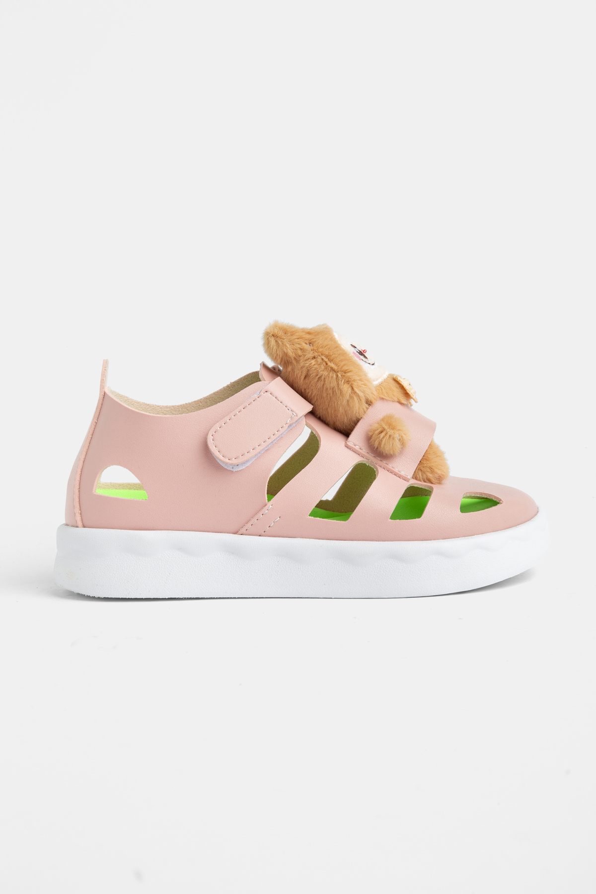 Çocuk Unisex Pudra Hafif Taban Ayıcık Detaylı Cırtlı Sandalet