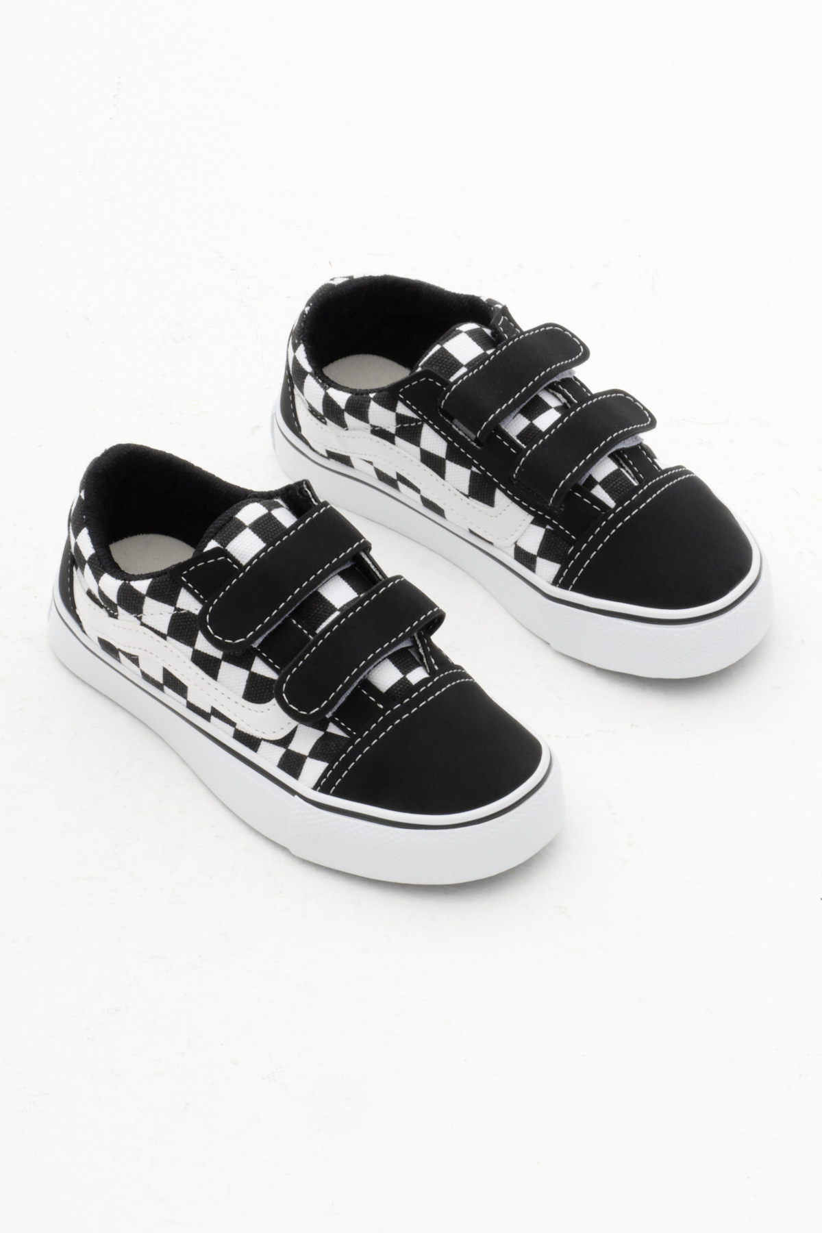 Çocuk Unisex Siyah Beyaz Cilt Kauçuk Taban Keten Cırtlı Spor Ayakkabı