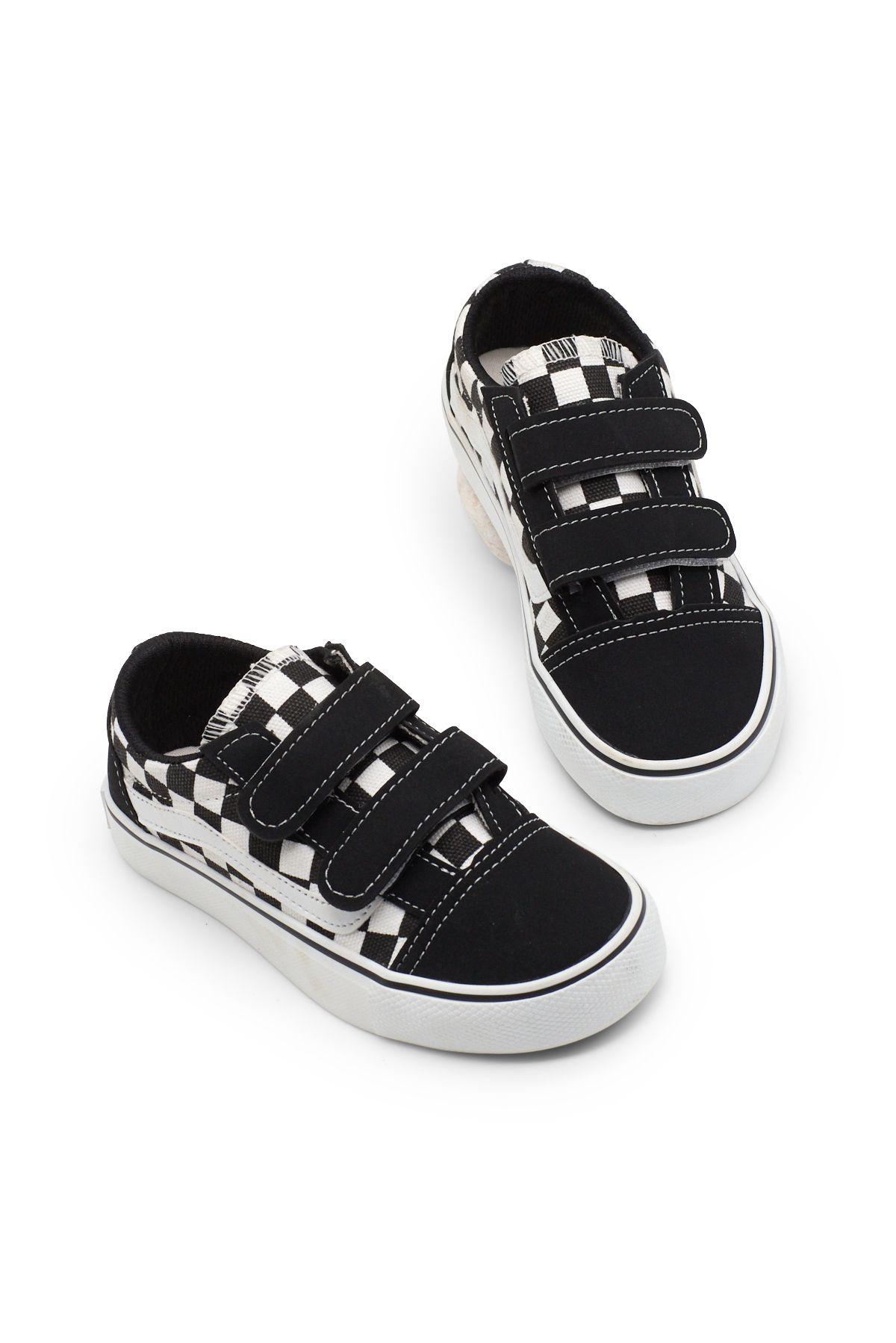 Çocuk Unisex Siyah Ekose Kauçuk Taban Rahat Kalıp Çift Cırtlı Ayakkabı