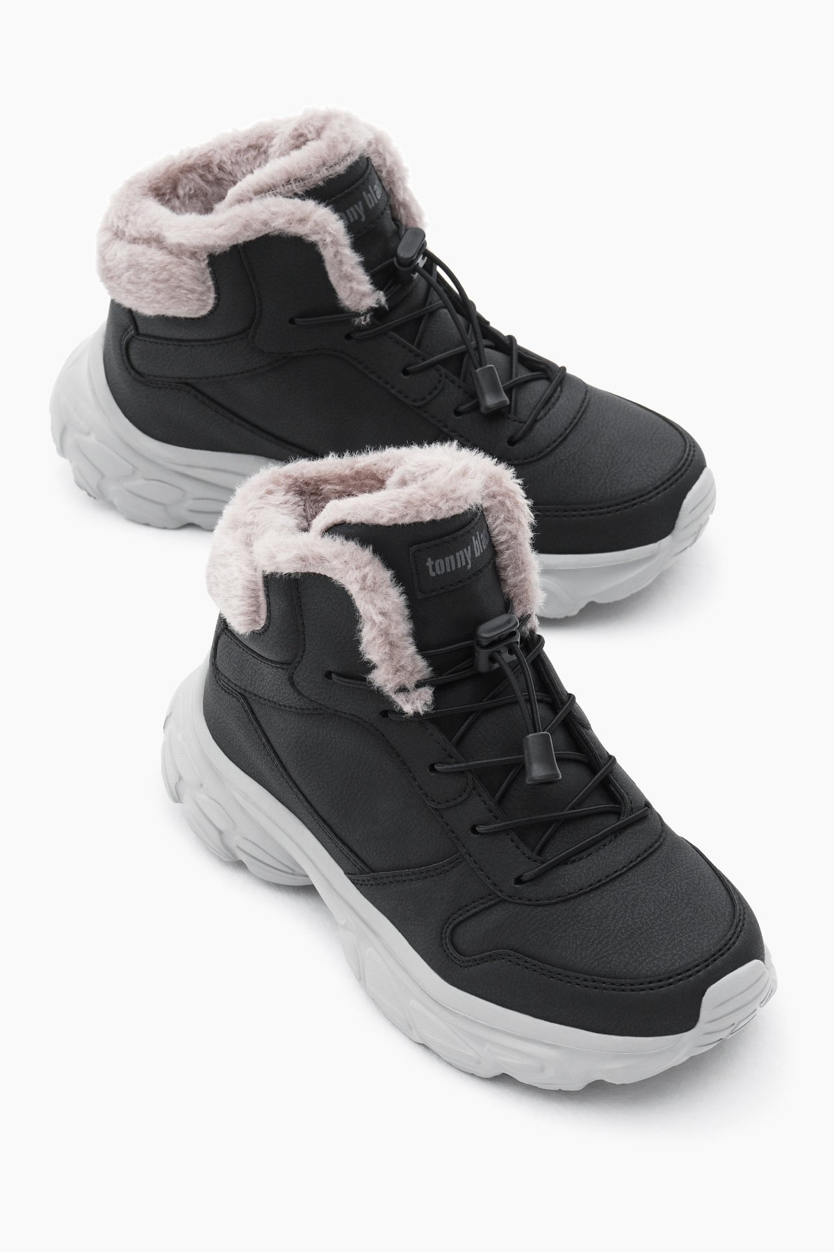 Çocuk Unisex Siyah Faylon Taban İçi Kürklü Lastik Bağcıklı Bot