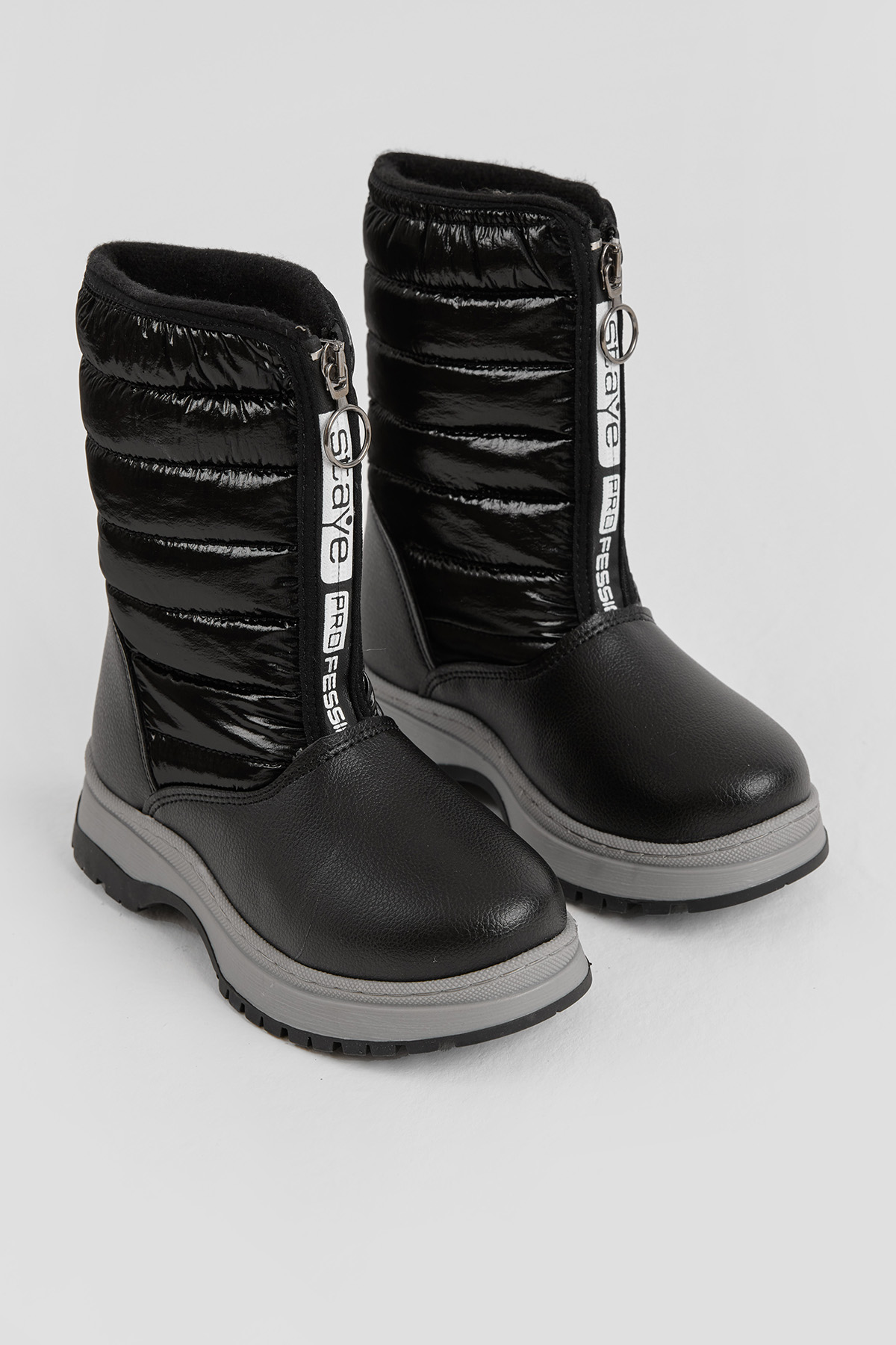 Çocuk Unisex Siyah Kalın Termo Taban Önü Yazılı Sıcak Astarlı Fermuarlı Şişme Kar Botu