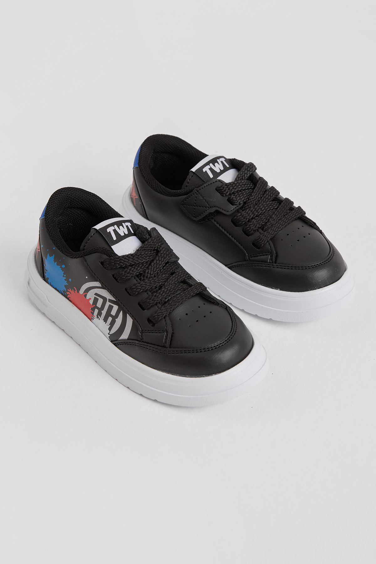 Çocuk Unisex Siyah Kırmızı EVA Faylon Taban Desenli Bağcıklı ve Cırtlı Spor Ayakkabı