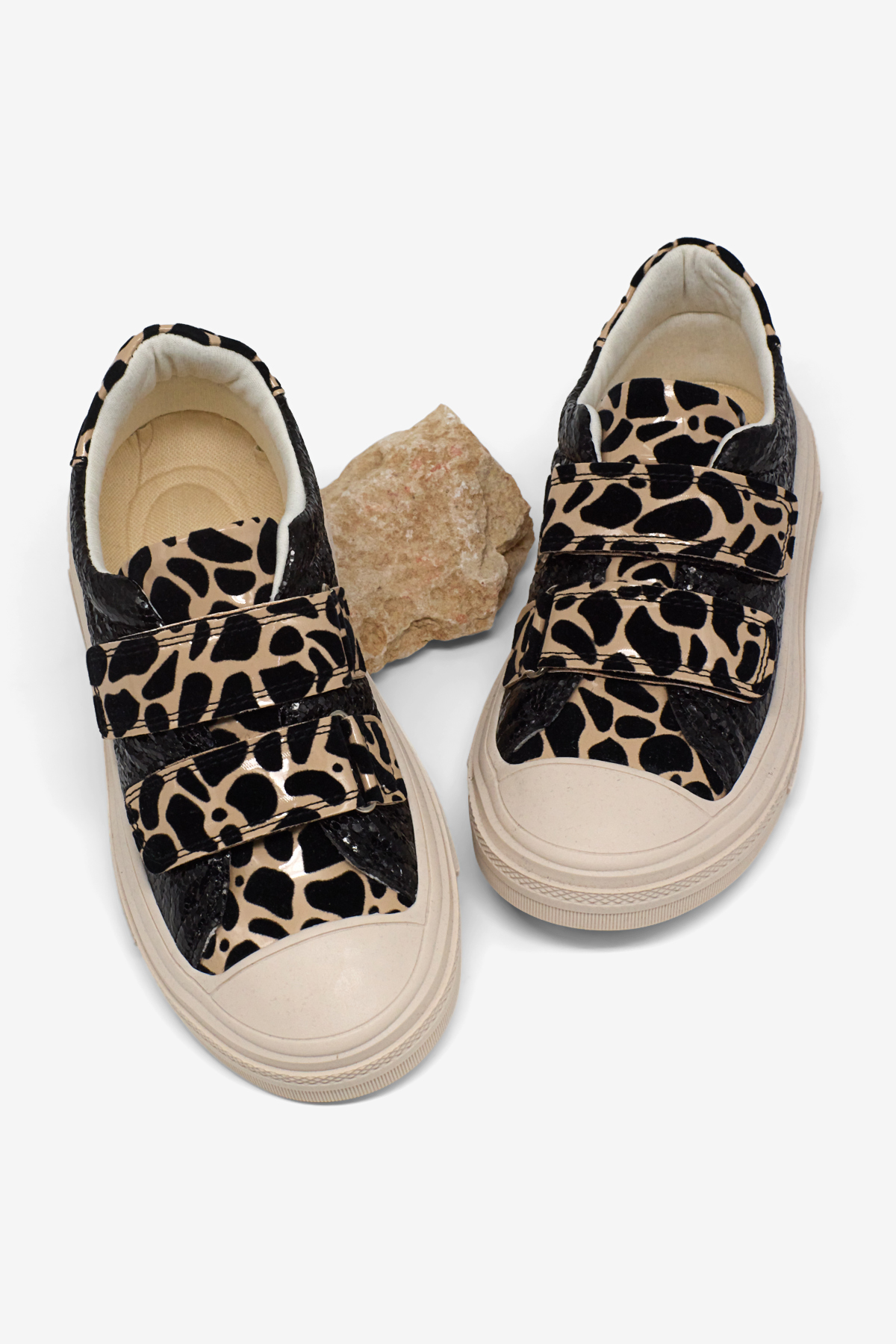 Çocuk Unisex Siyah Leopar Çocuk Sim Detaylı Cırtlı Rahat Kalıp Sneaker