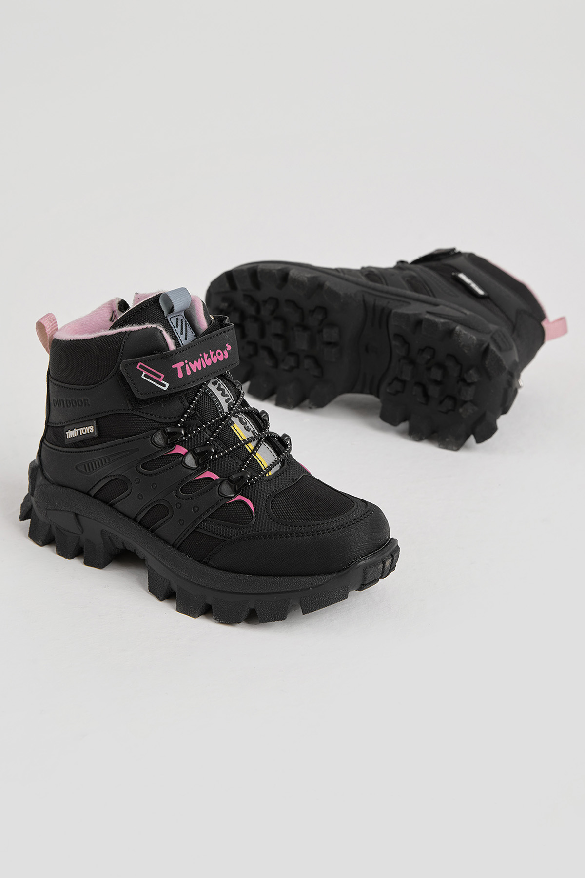 Çocuk Unisex Siyah Pudra Kalın Kauçuk Taban Lastik Bağcıklı Cırtlı Outdoor Trekking Bot