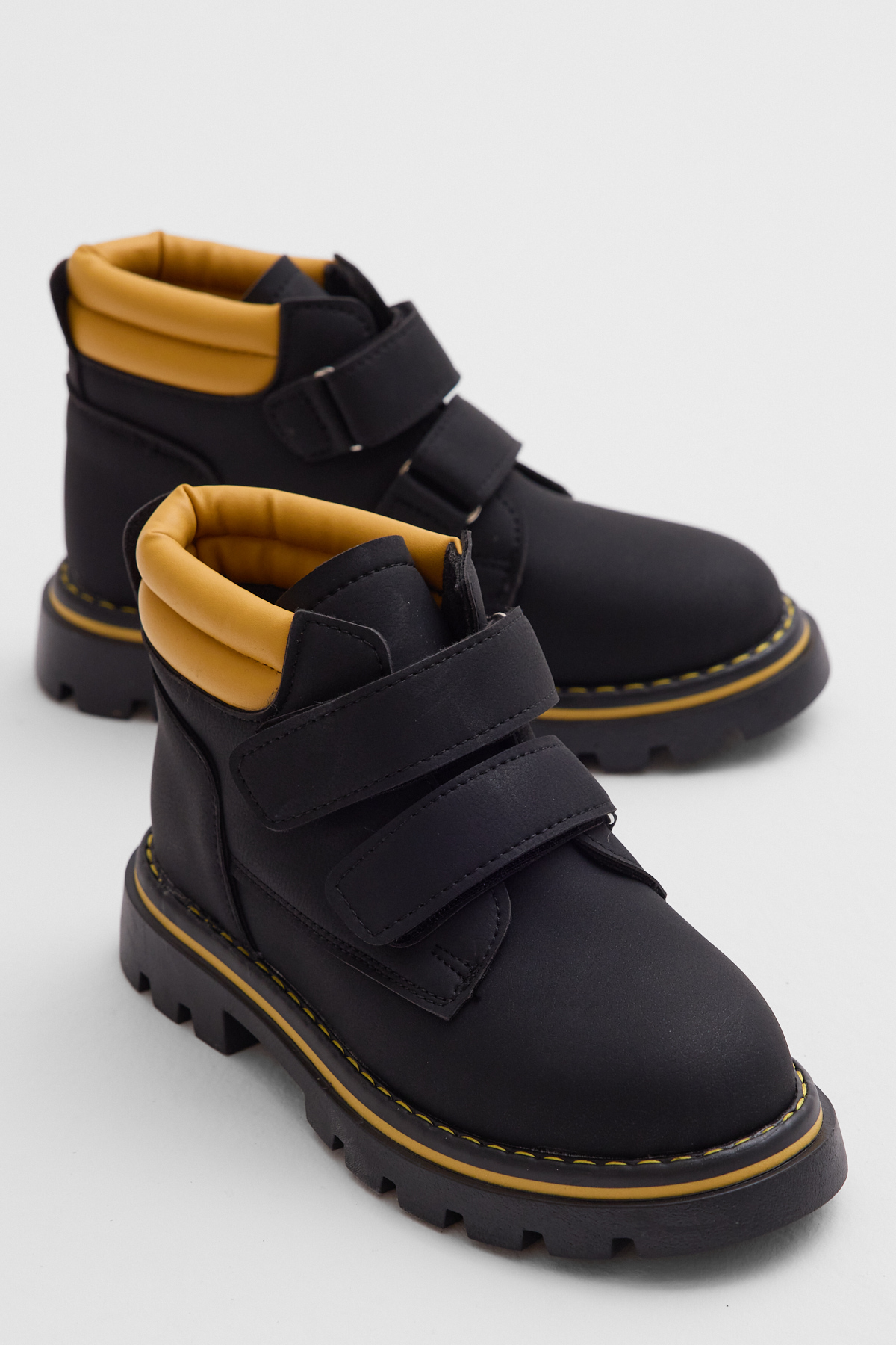 Çocuk Unisex Siyah Sarı Kalın Termo Taban Sıcak Astarlı Çift Cırtlı Bot