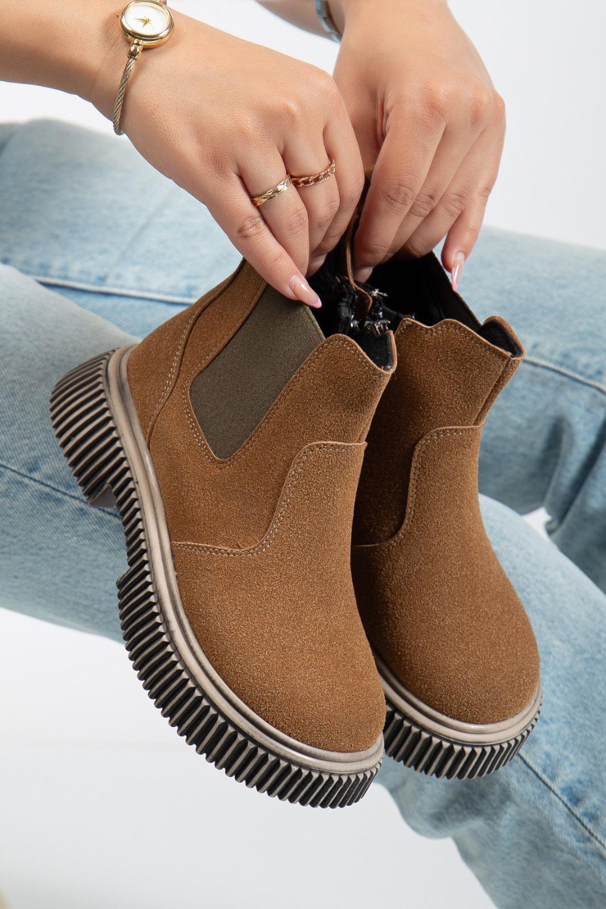 Çocuk Unisex Taba Süet Kalın Tırtıklı Termo Taban Fermuarlı Lastikli Chelsea Bot