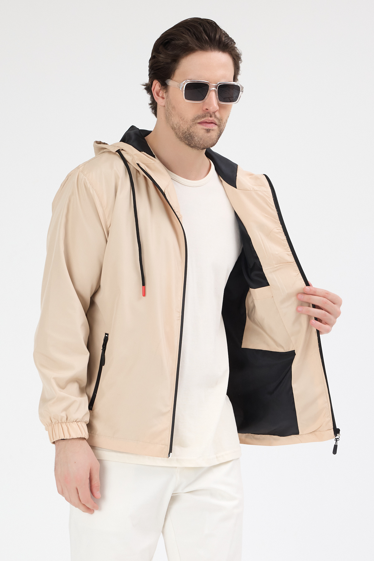 Erkek Bej 3 Cepli Rüzgar Ve Yağmura Dayanıklı Normal Kalıp Yağmurluk