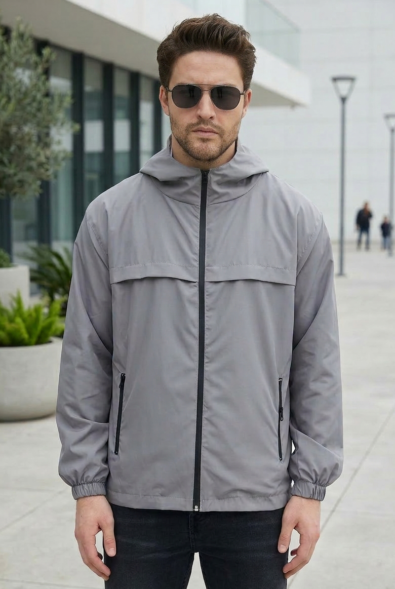 Erkek Gri Rüzgar ve Su Geçirmez Rahat Kalıp Yağmurluk