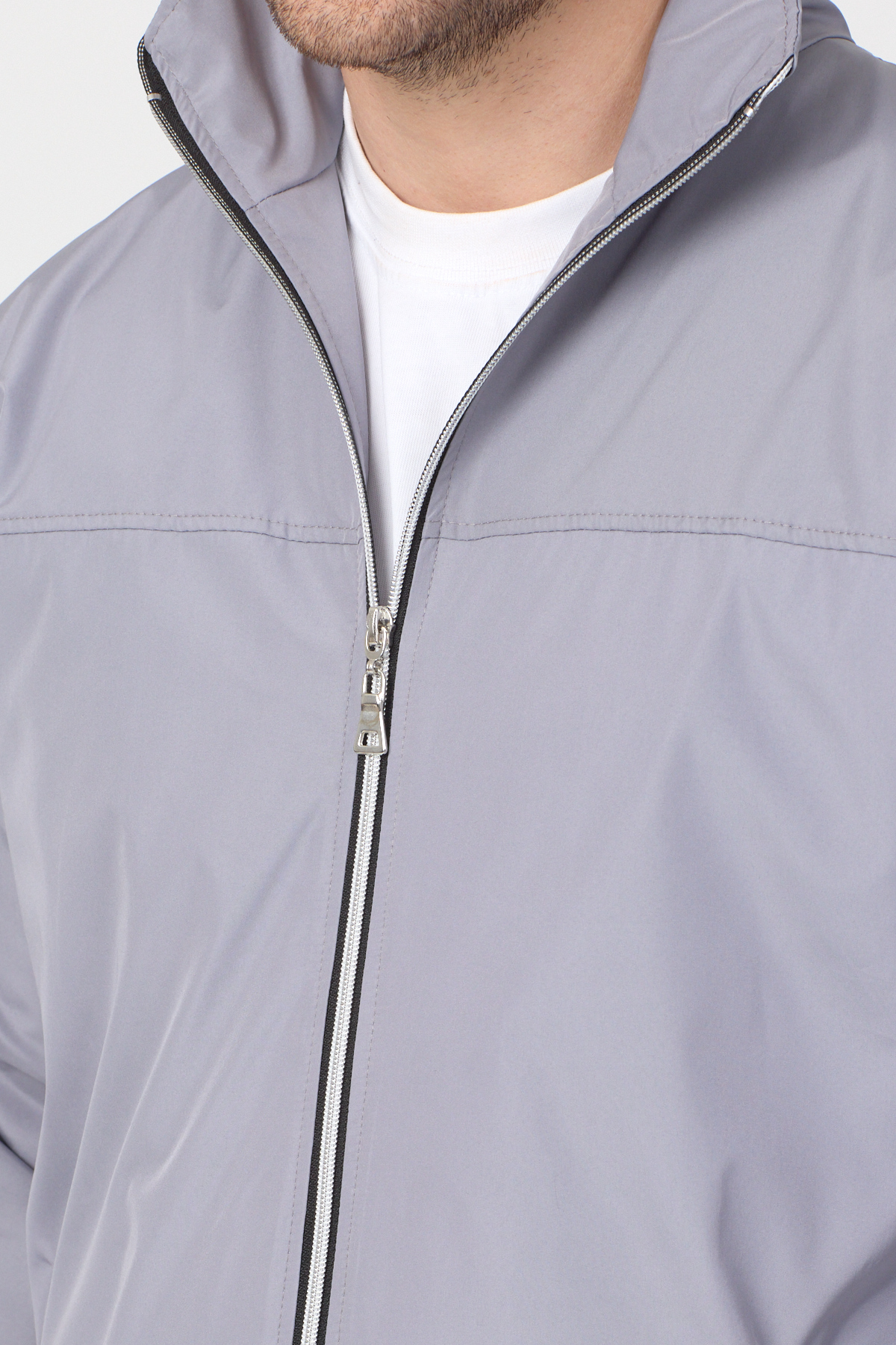 Erkek Gri Su Geçirmez Baharlık Kol Fermuar Detaylı Ceket