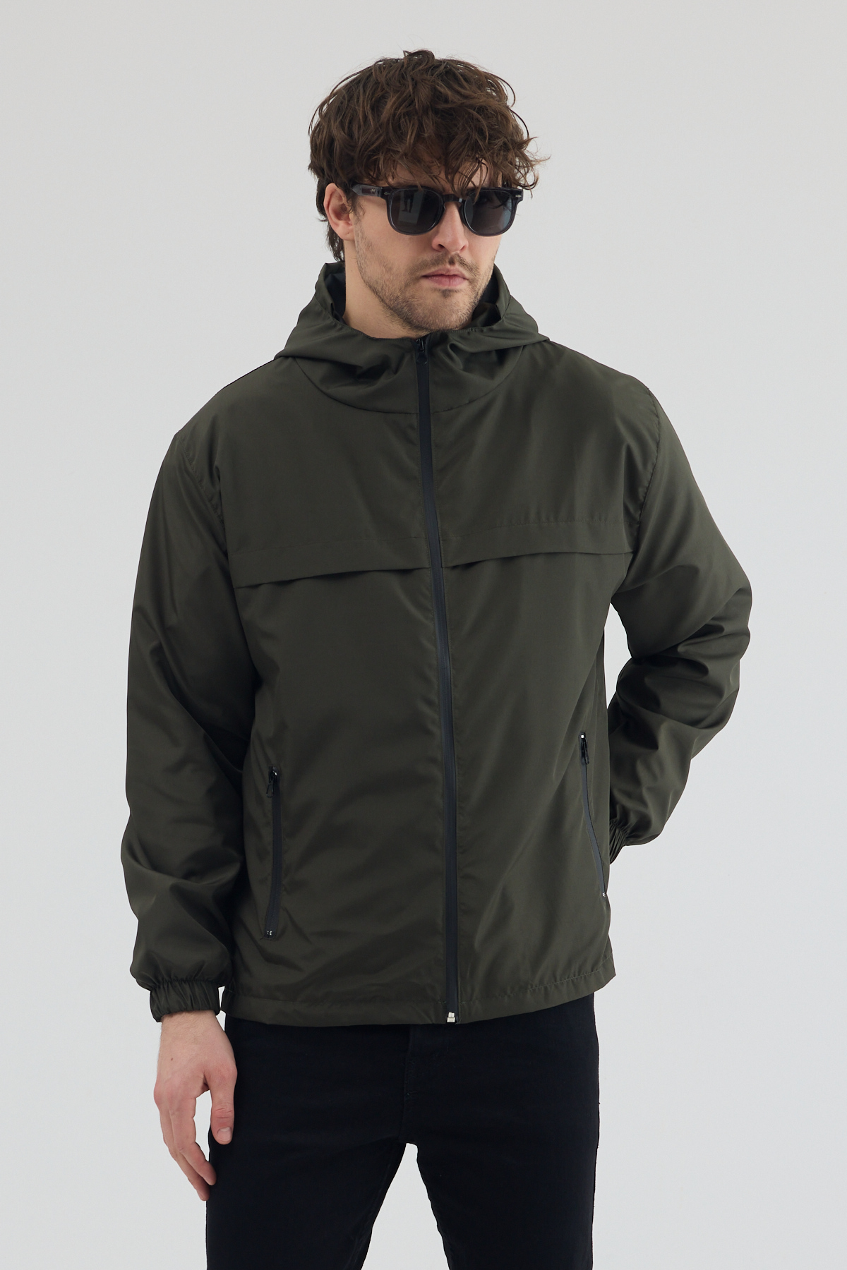 Erkek Haki Rüzgar ve Su Geçirmez Rahat Kalıp Yağmurluk