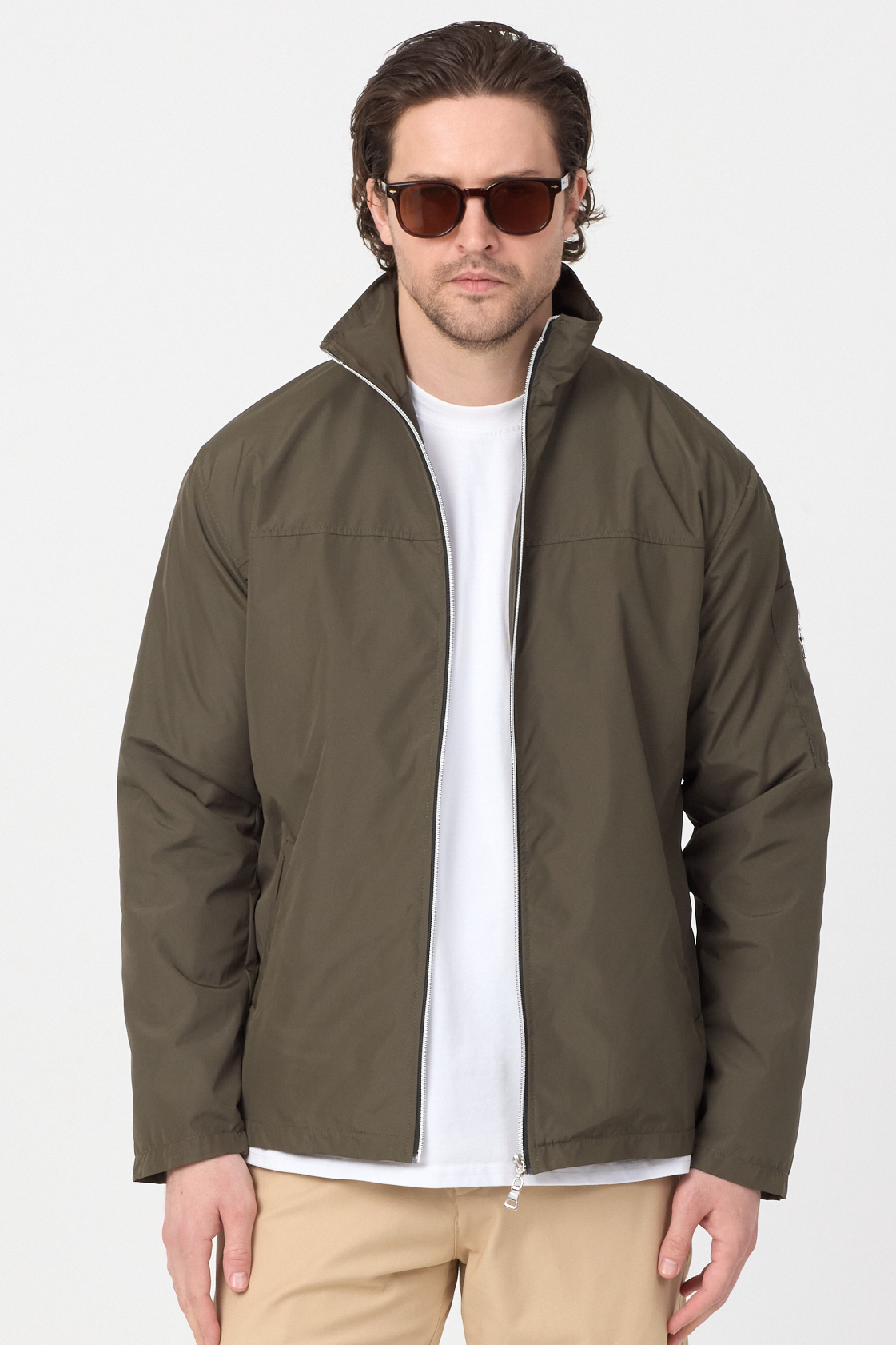 Erkek Haki Su Geçirmez Baharlık Kol Fermuar Detaylı Ceket