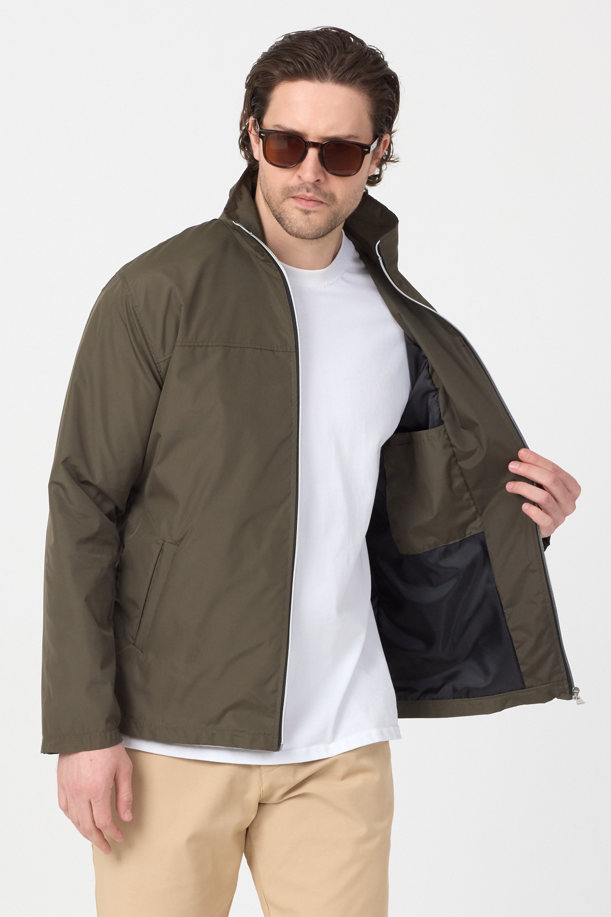 Erkek Haki Su Geçirmez Baharlık Kol Fermuar Detaylı Ceket