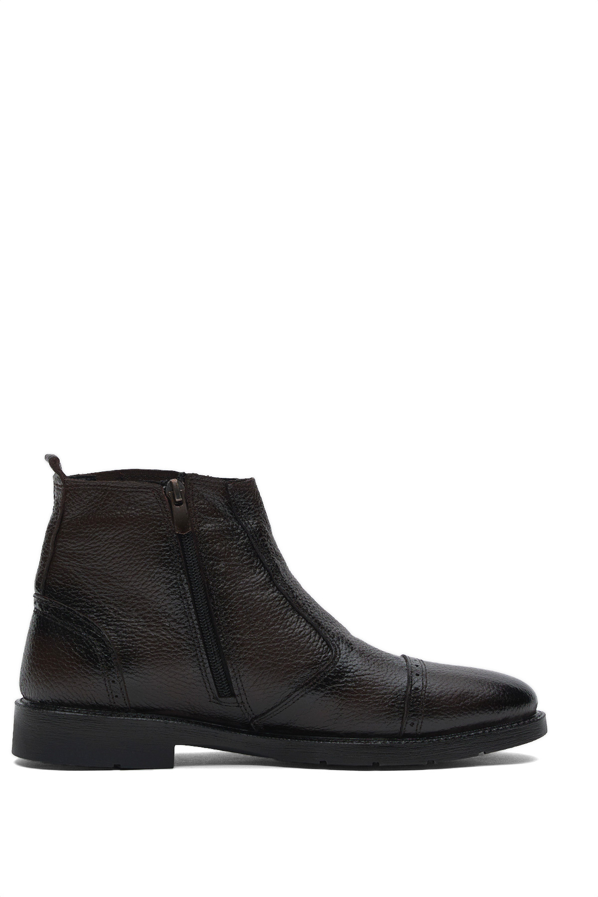 Erkek Kahve Rahat Kalıp Desenli Hakiki Deri Lastikli ve Fermuarlı Bot