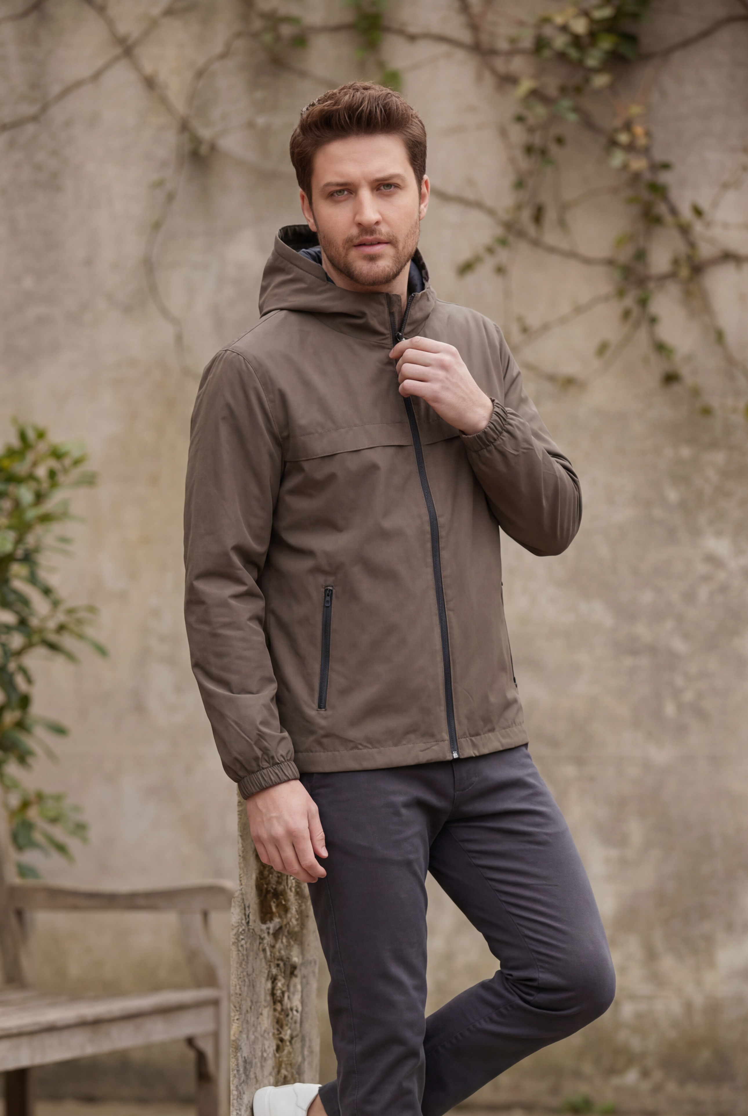 Erkek Kahve Rüzgar ve Su Geçirmez Rahat Kalıp Yağmurluk