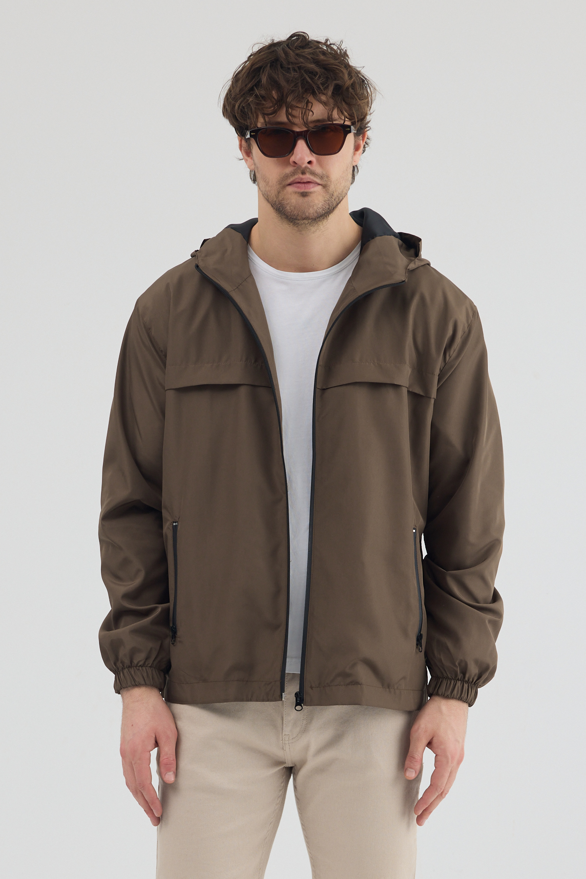Erkek Kahve Rüzgar ve Su Geçirmez Rahat Kalıp Yağmurluk