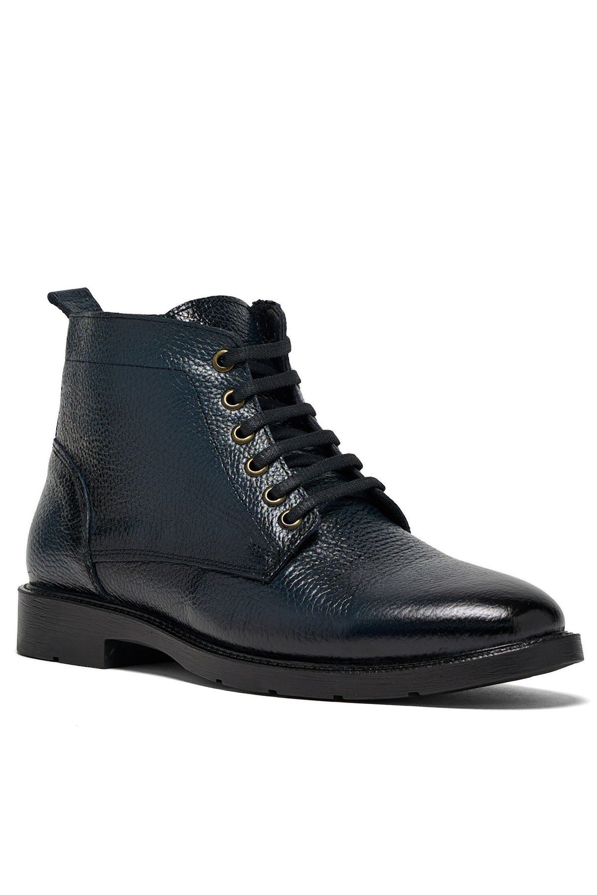 Erkek Lacivert Rahat Kalıp Hakiki Deri Bağcıklı ve Fermuarlı Bot