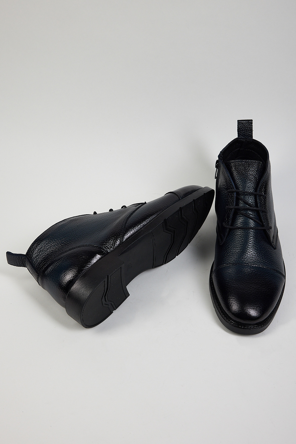 Erkek Lacivert Rahat Kalıp Hakiki Deri Bağcıklı ve Fermuarlı Bot