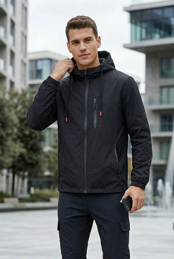 Erkek Siyah 3 Cepli Rüzgar Ve Yağmura Dayanıklı Normal Kalıp Yağmurluk
