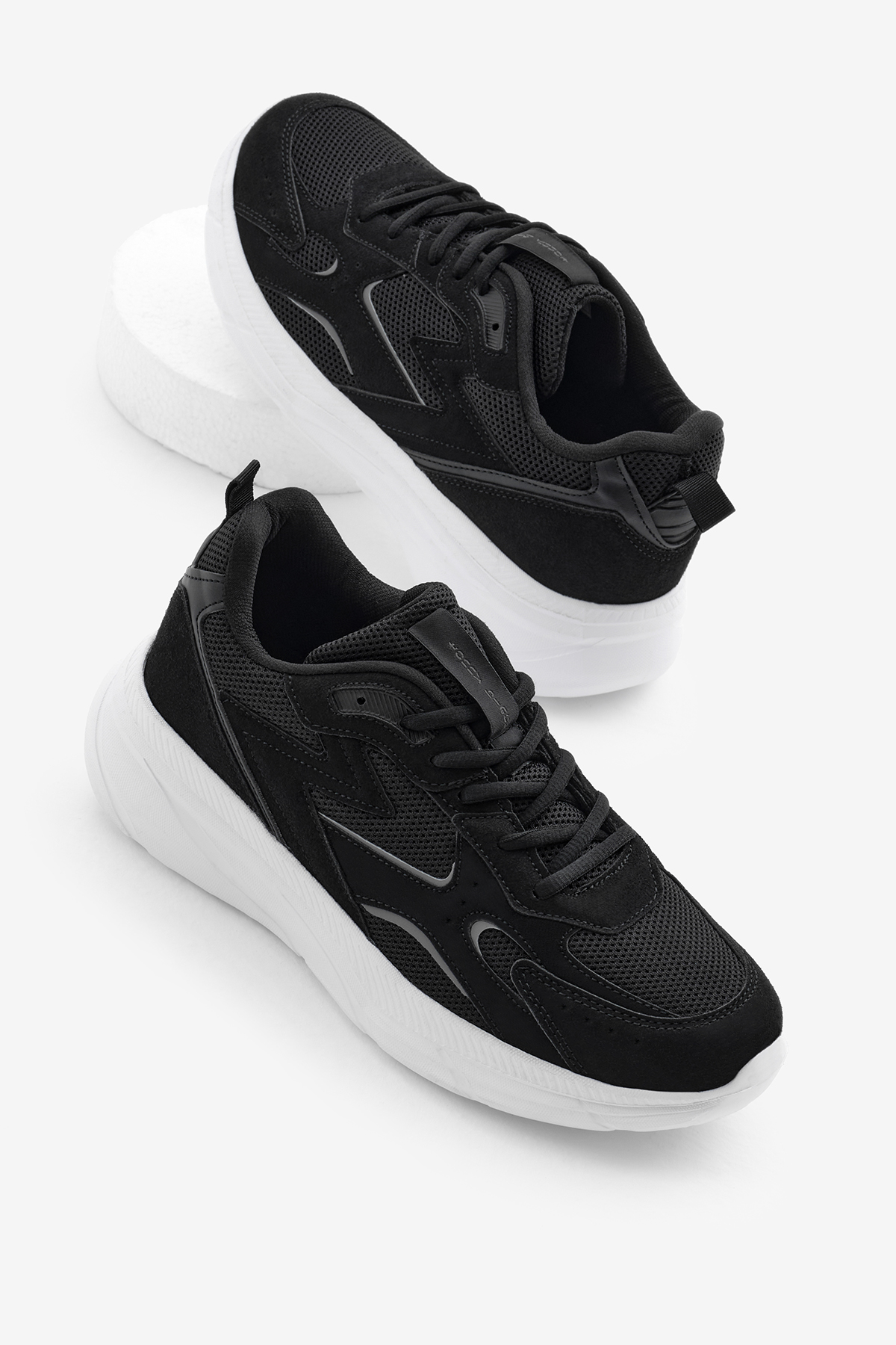 Erkek Siyah Beyaz Faylon Taban Nefes Alabilen Kumaş Reflektörlü Dalgalı Desenli Spor Ayakkabı