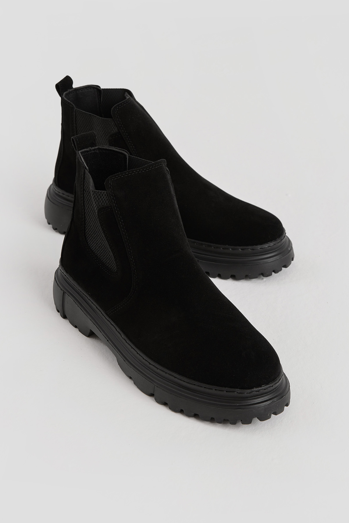 Erkek Siyah Kalın Faylon Hafif Taban Yanları Lastikli Chelsea Bot