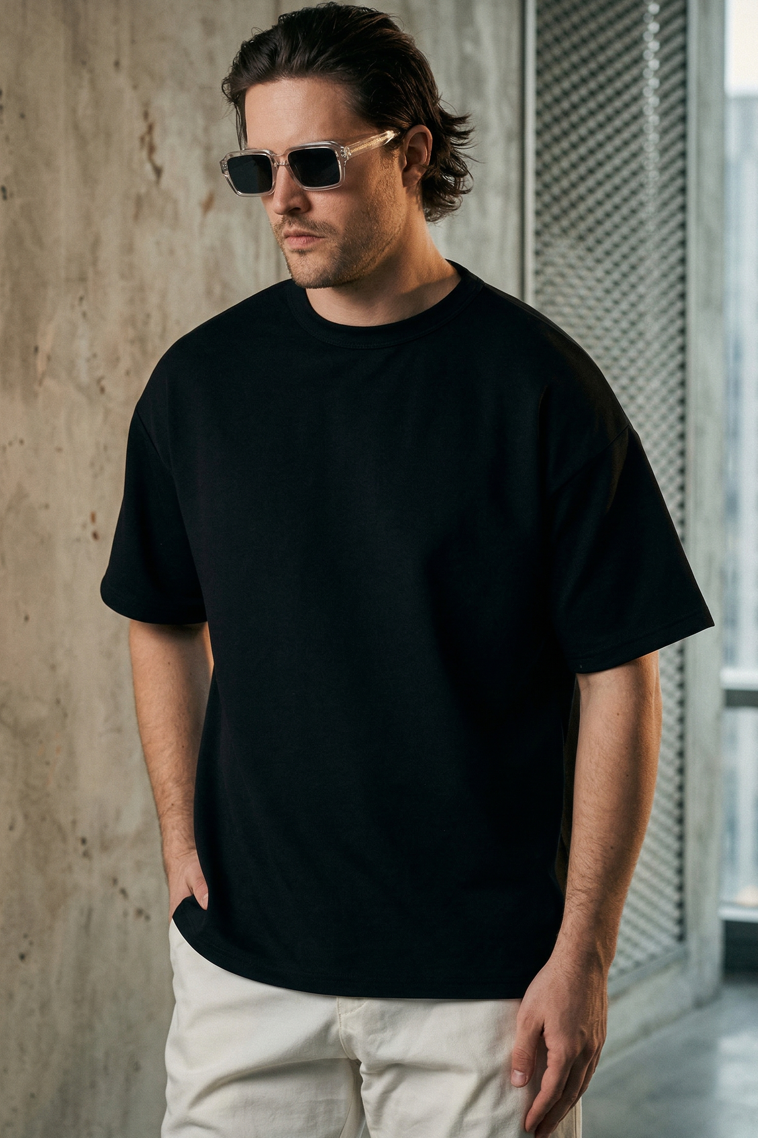 Erkek Siyah Kalın Kumaş Oversize T-Shirt