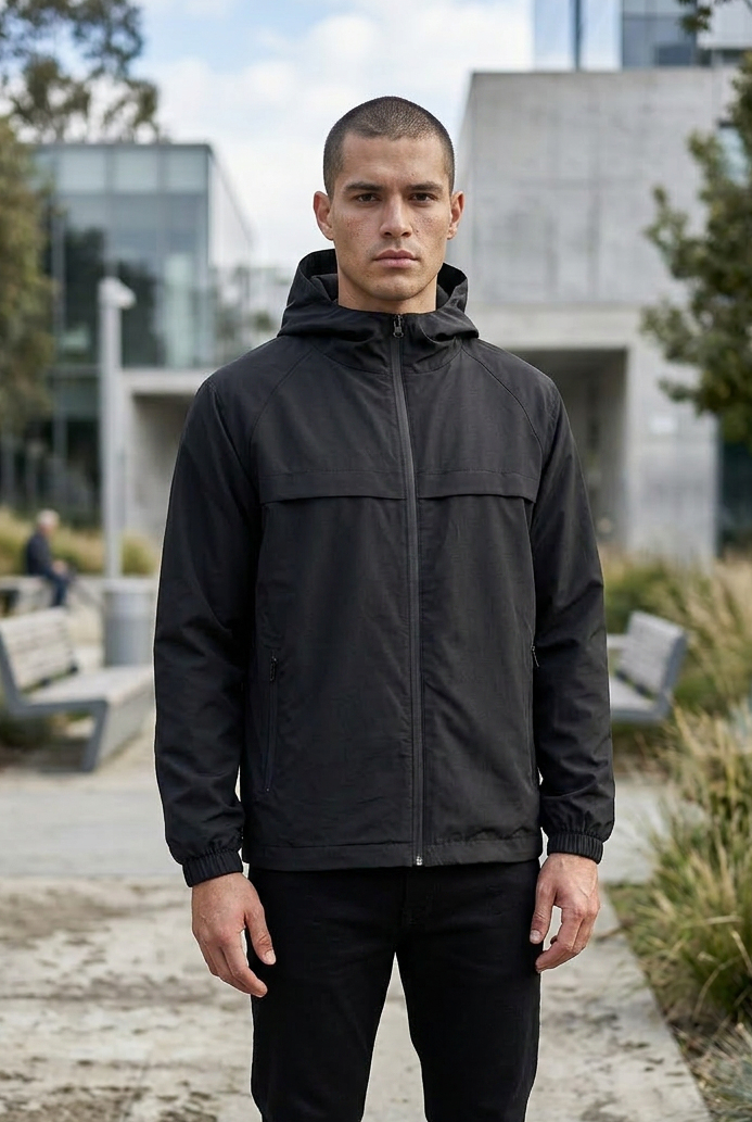 Erkek Siyah Rüzgar ve Su Geçirmez Rahat Kalıp Yağmurluk