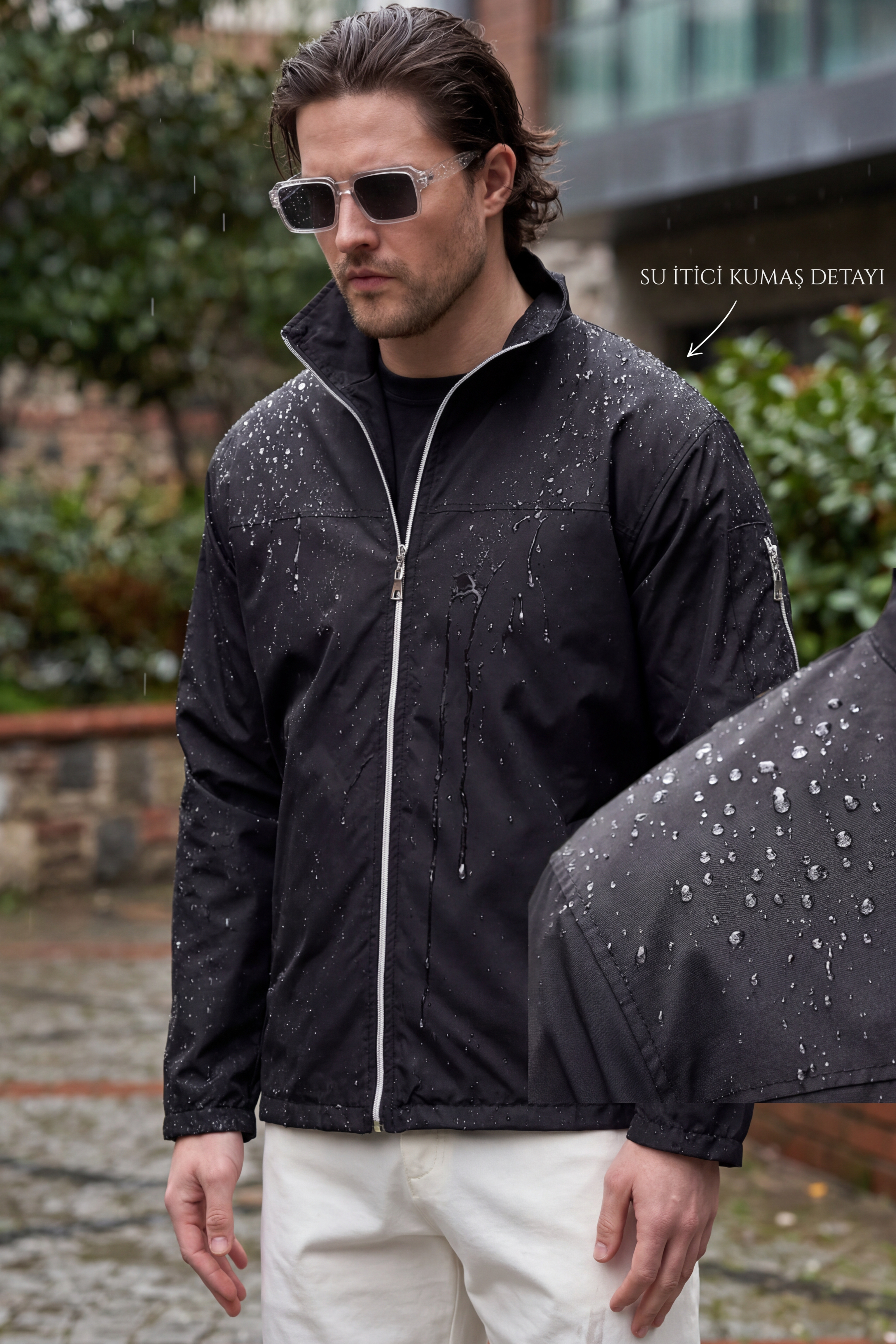 Erkek Siyah Su Geçirmez Baharlık Kol Fermuar Detaylı Ceket