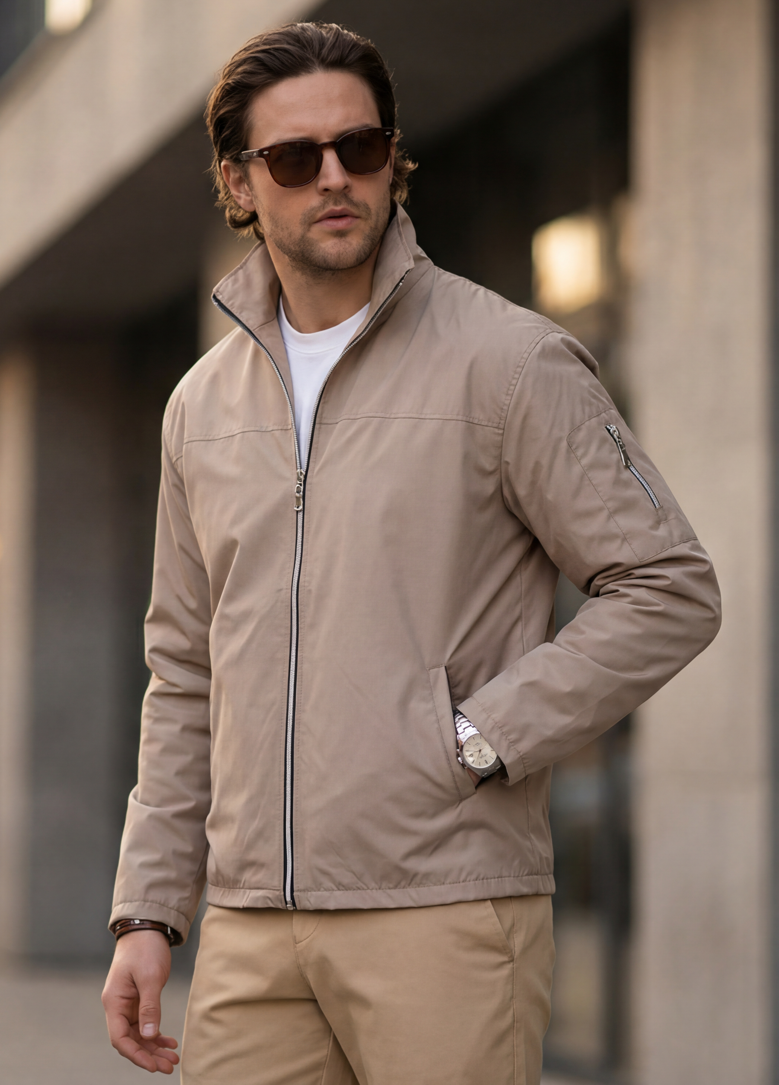 Erkek Vizon Su Geçirmez Baharlık Kol Fermuar Detaylı Ceket