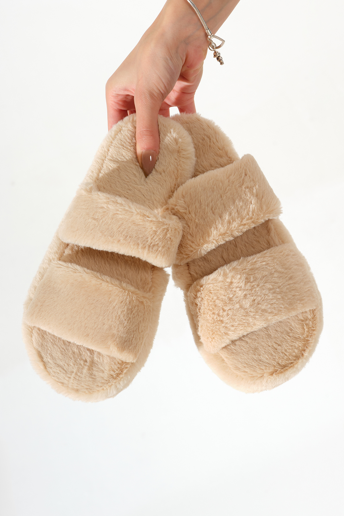 Kadın Bej Çift Bantlı Peluş Ev Terliği