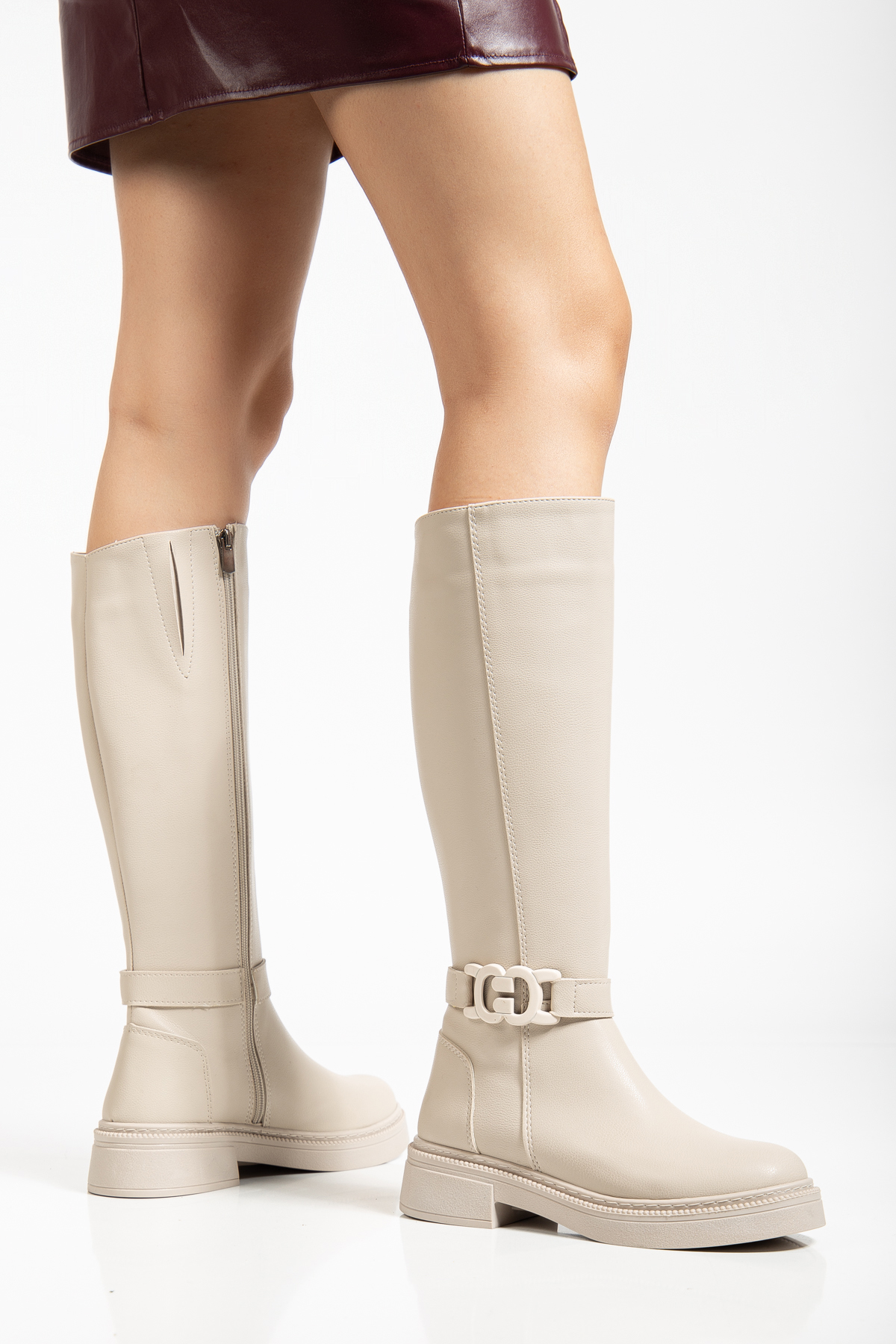 Kadın Bej Cilt Kalın Termo Taban Tokalı Fermuarlı Çizme