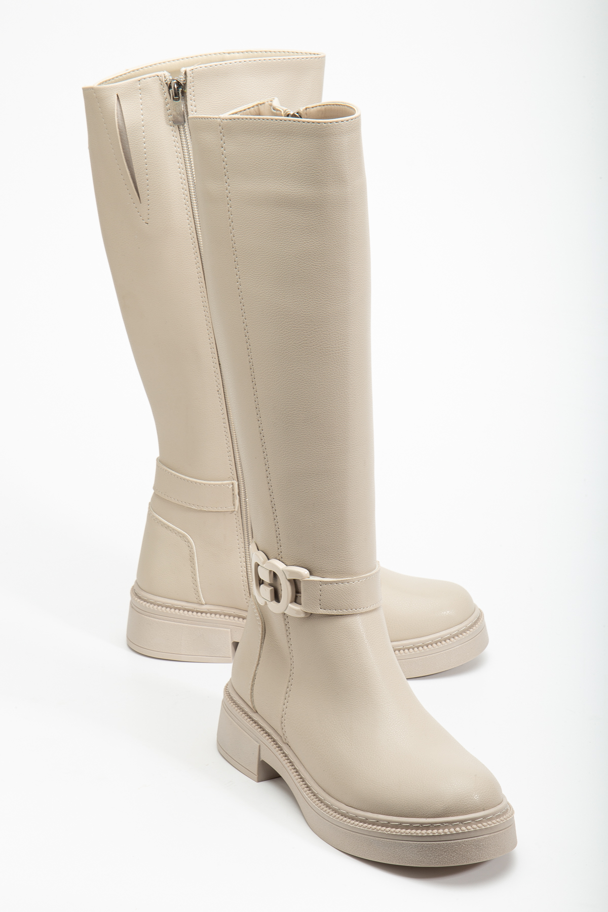 Kadın Bej Cilt Kalın Termo Taban Tokalı Fermuarlı Çizme