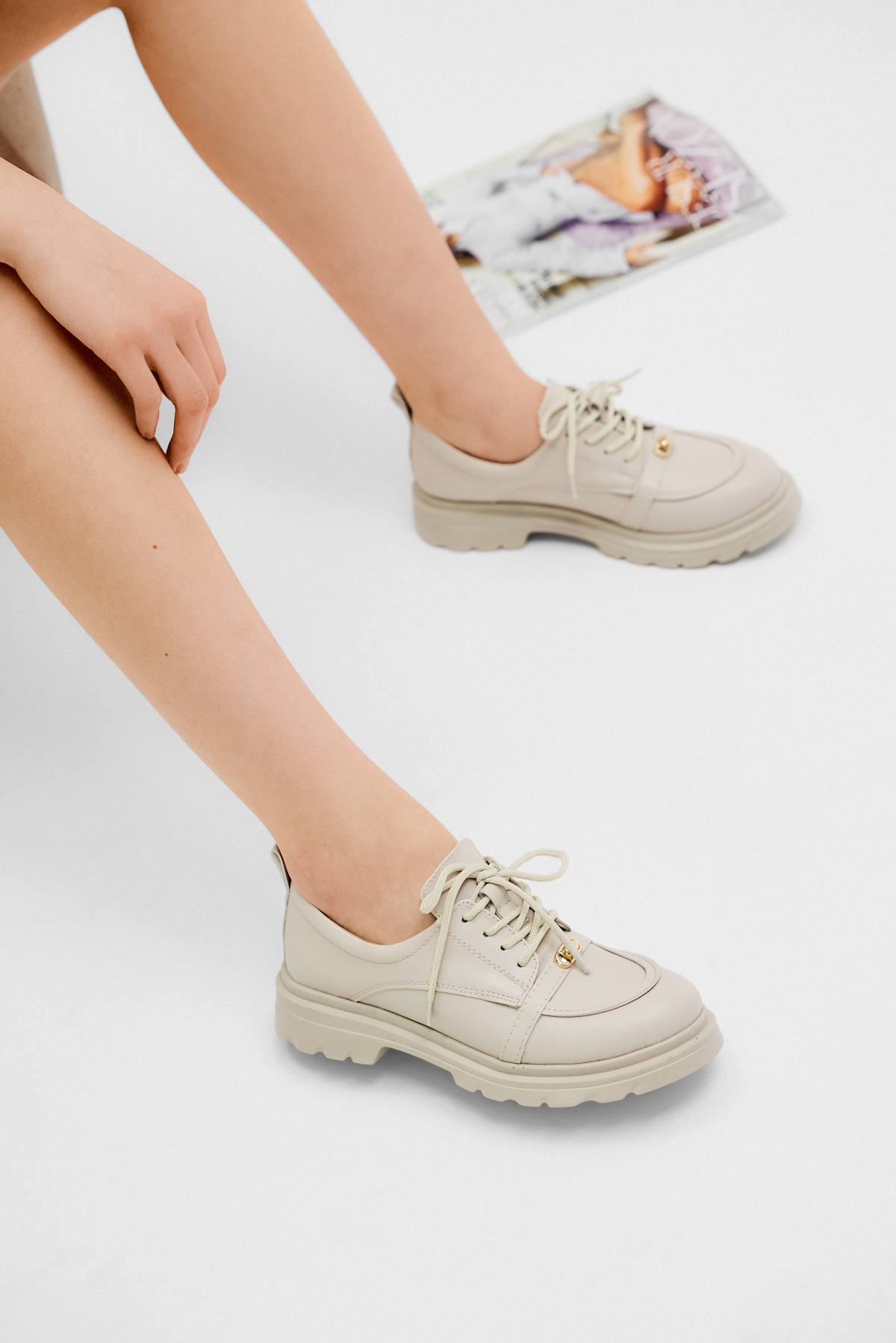 Kadın Bej Cilt Rahat Kalıp Termo Taban  Bağcıklı Günlük Ayakkabı