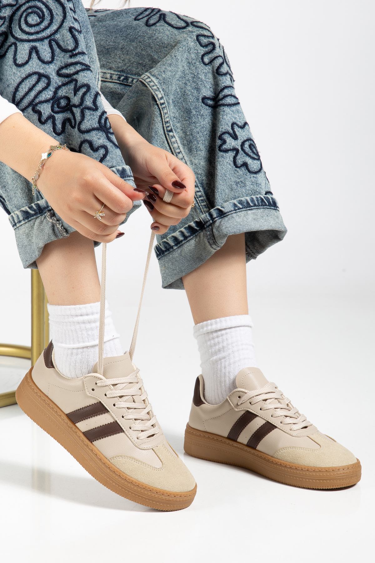 Kadın Bej Kahve Kadın Rahat Kalıp Yumuşak Deri Sneaker