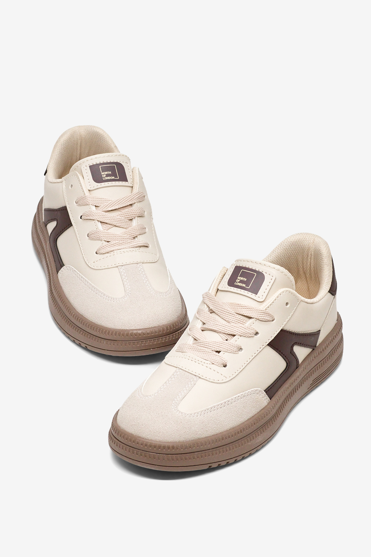 Kadın Bej Kahve Rahat Kalıp Kauçuk Taban Bağcıklı Sneaker