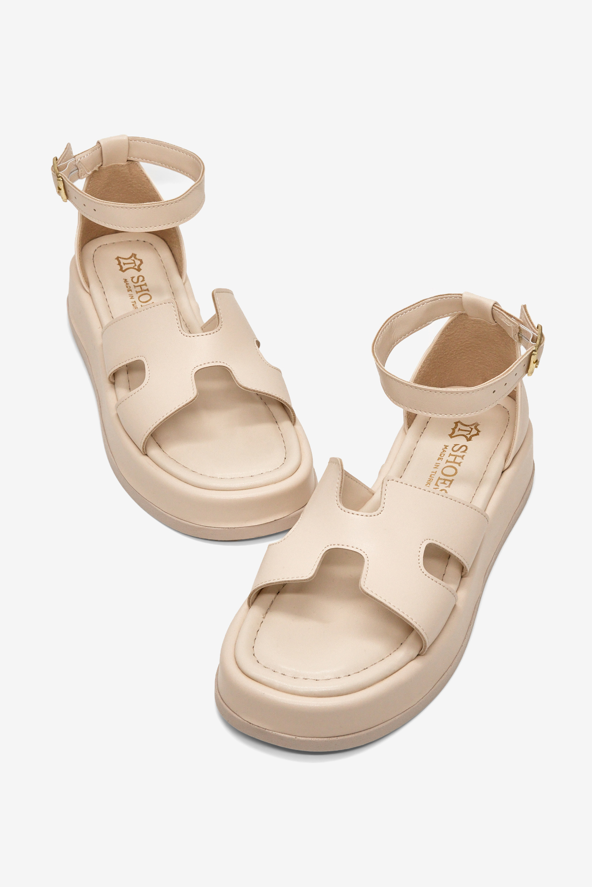 Kadın Bej Rahat Kalıp Bilekten Bağlanmalı Sandalet